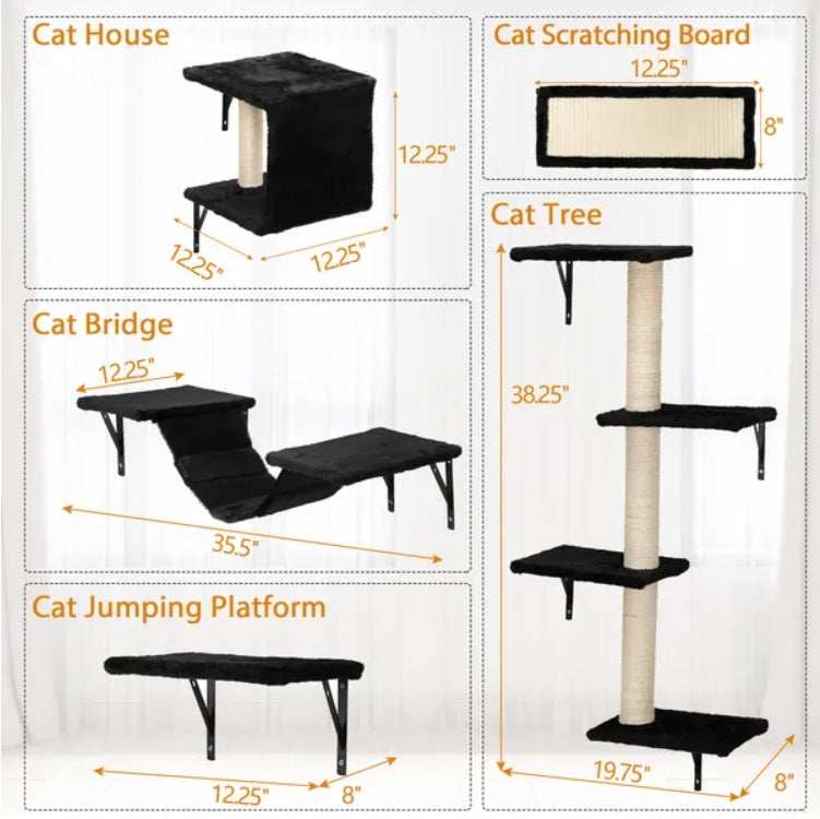 5 Pcs Wall Mounted Cat Climber Set Floating Cat Shelves And Perches Cat Activity Tree With Scratching Posts Modern Cat Furniture