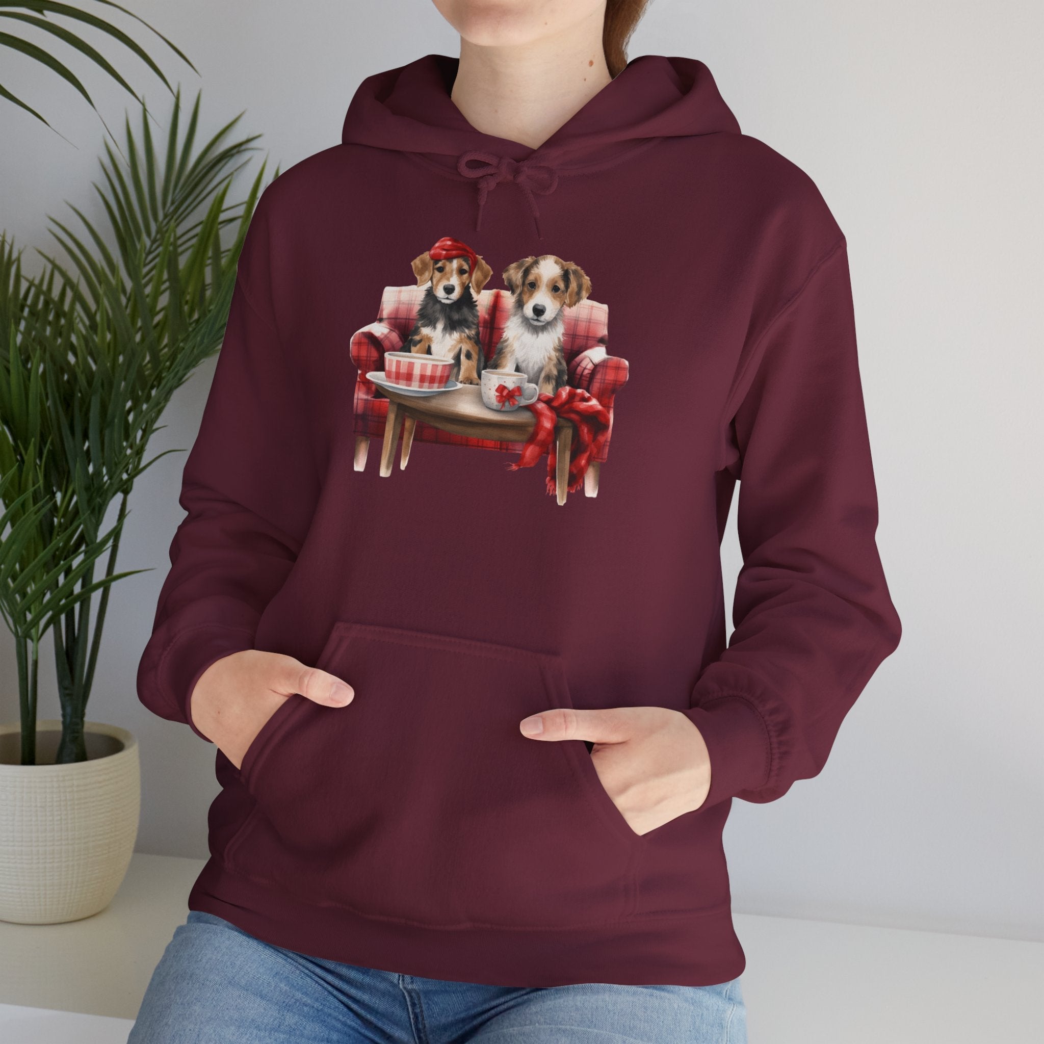 Christmas Hoodie - Festive Puppies on Sofa Design