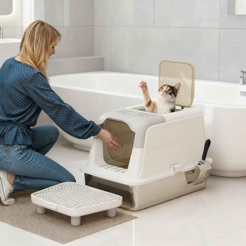Cat Litter Box Enclosed - Stainless Steel Odor Control