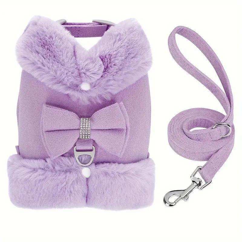 Warm Fur Collar Soft Padded Small Girl Pet Harness and Leash Set with Bow Tie