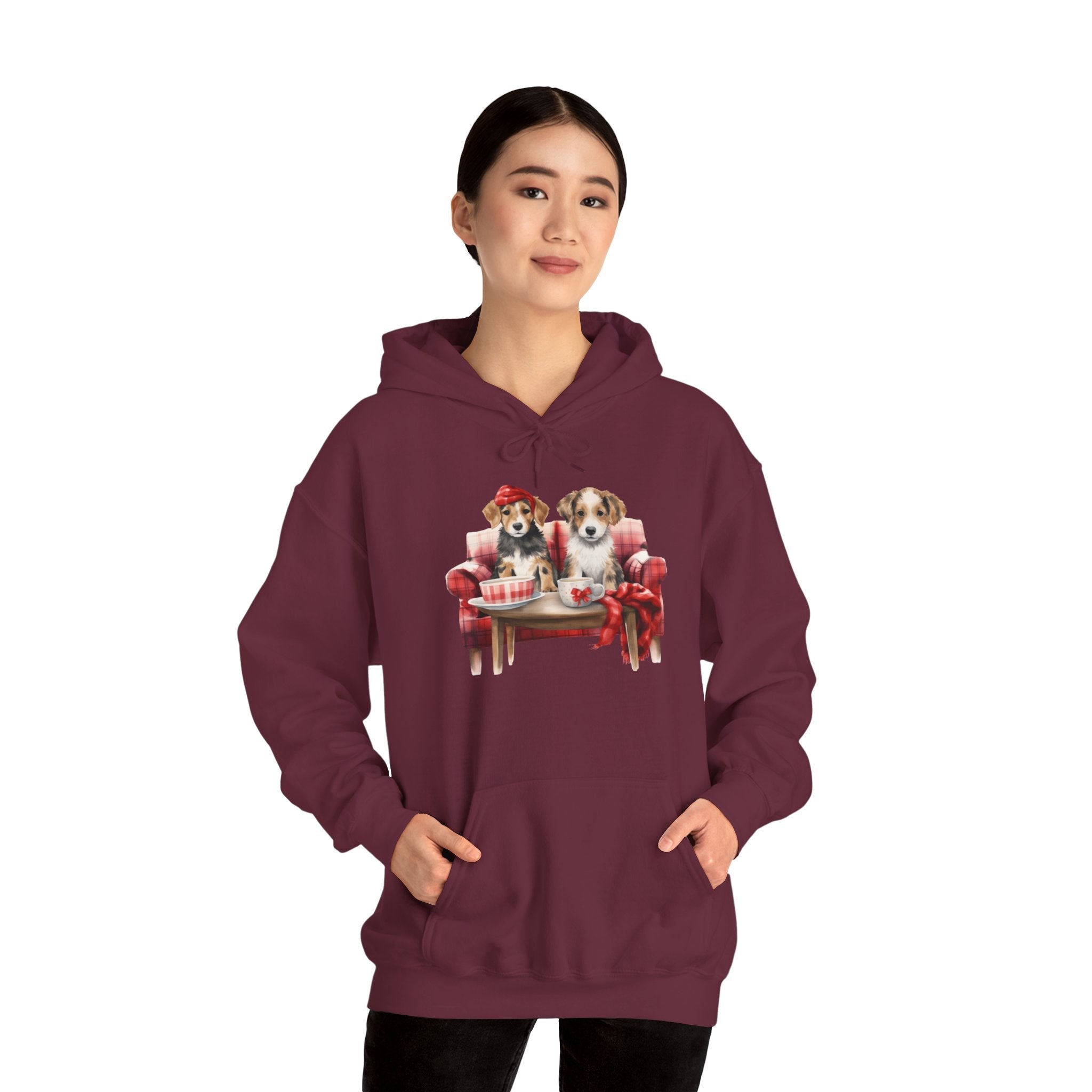 Christmas Hoodie - Festive Puppies on Sofa Design