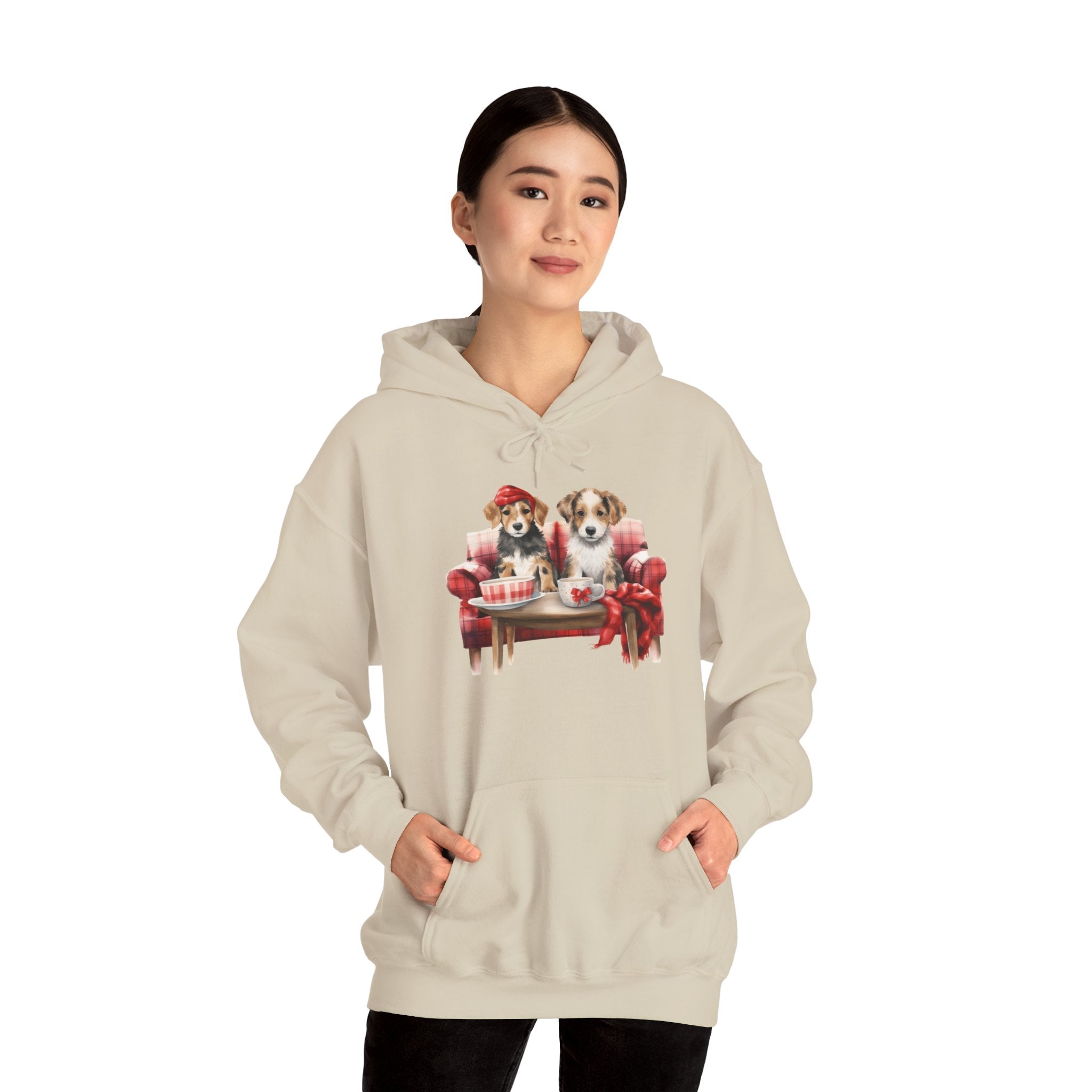 Christmas Hoodie - Festive Puppies on Sofa Design