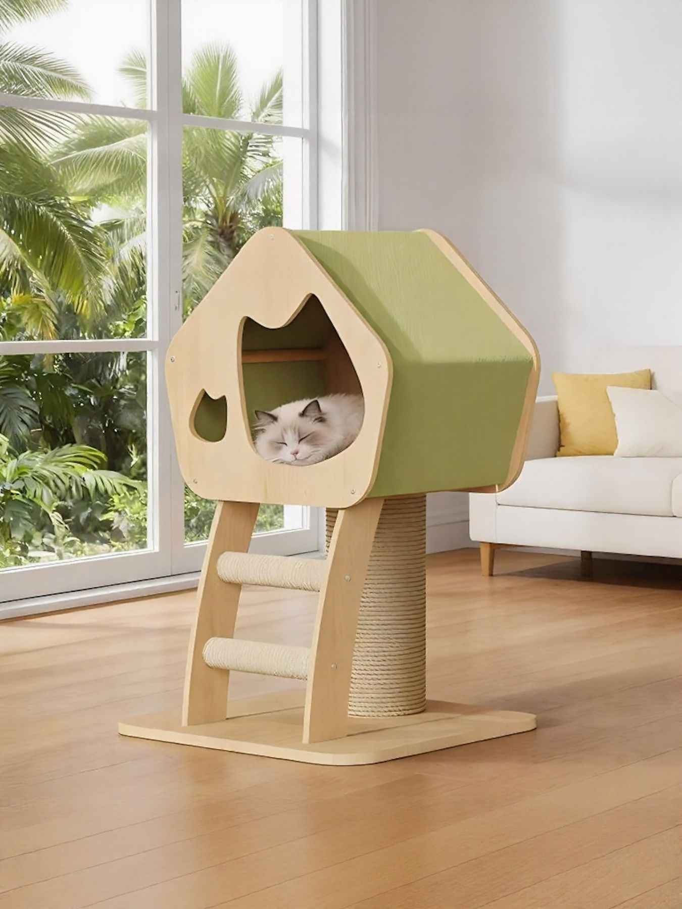 Cat Condo Wooden Tower - Modern Sisal Scratching Post 3 Styles