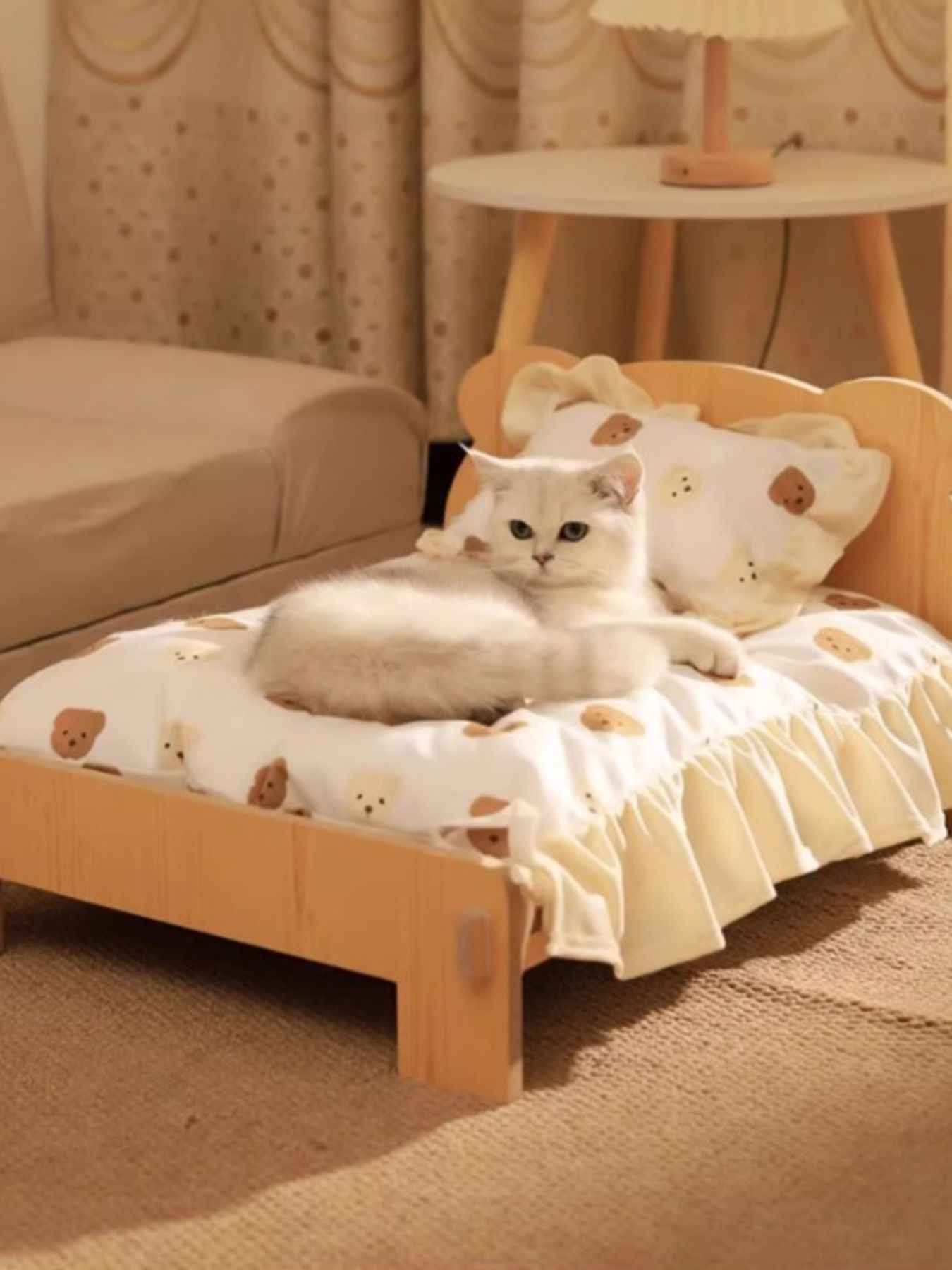 Wooden Pet Bed Frame - Miniature Bear Headboard with Bedding Set