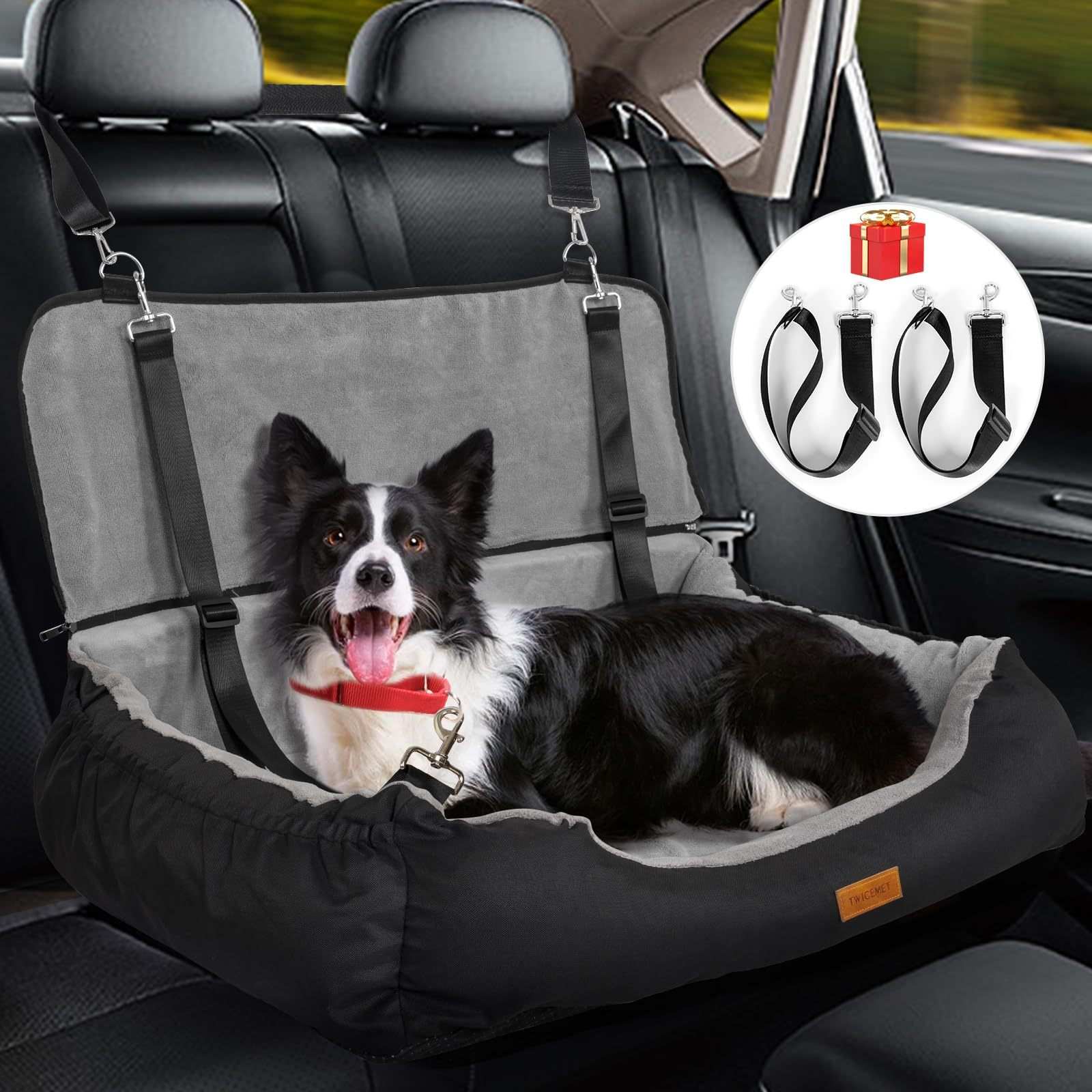 Coral Fleece Dog Booster Seat, Pet Travel Bed With Storage And Clip-on Leash, For Large Dogs 70 Lbs Or 2 Medium,Small Dogs