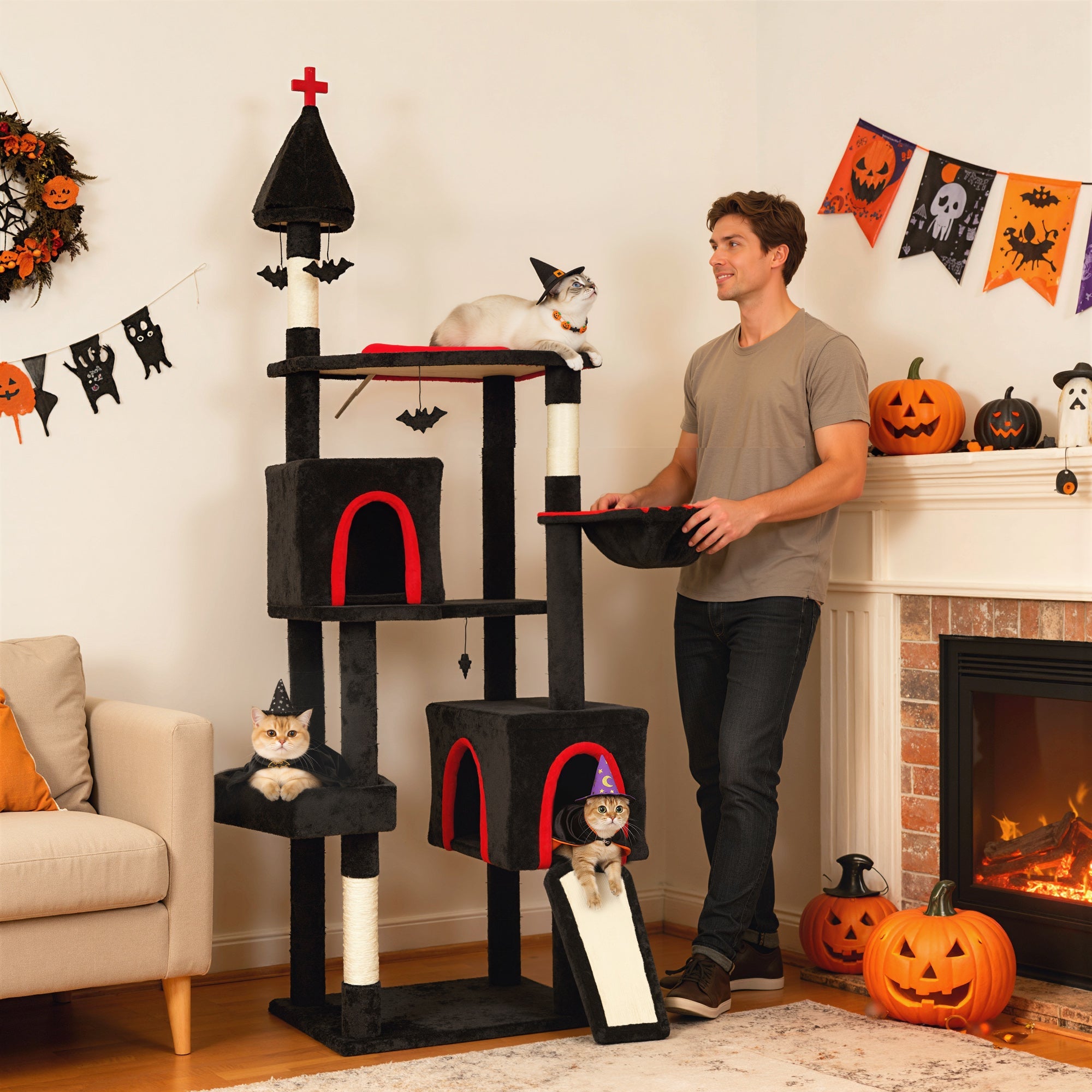Gothic Cat Tree 78" - Castle Tower with Coffin Bed & Condos
