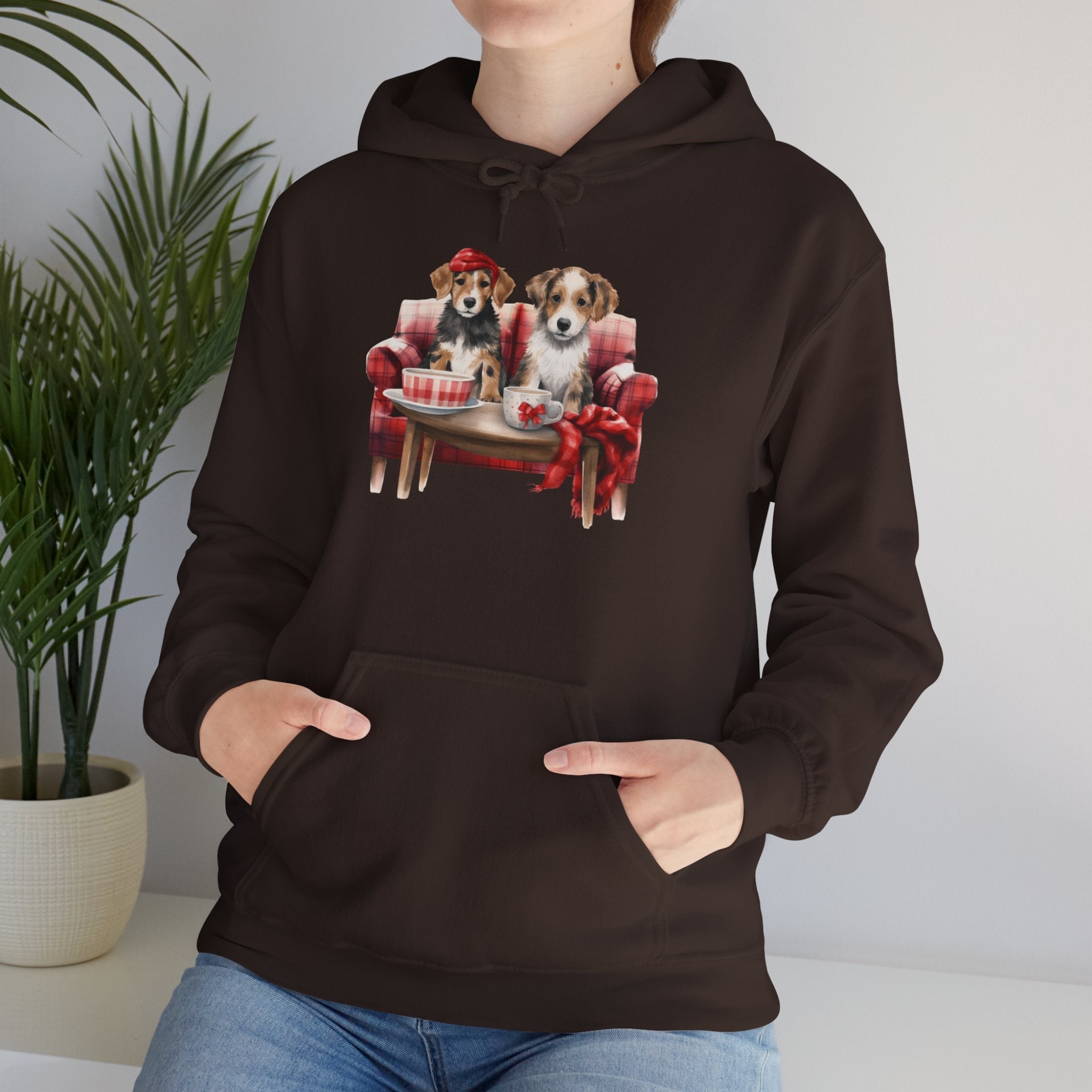 Christmas Hoodie - Festive Puppies on Sofa Design