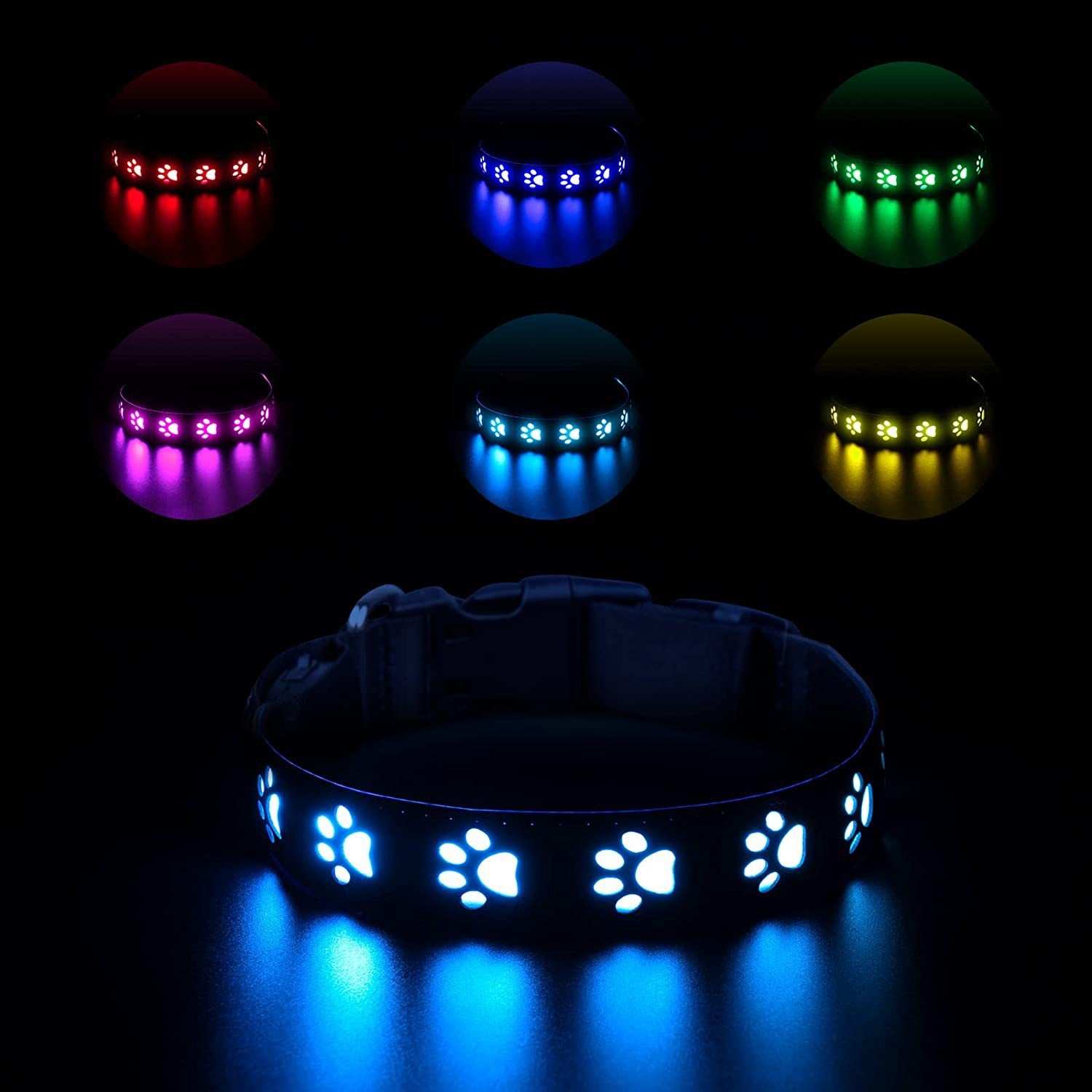 LED Dog Collar - 7 Color Luminous Paw Print USB Rechargeable