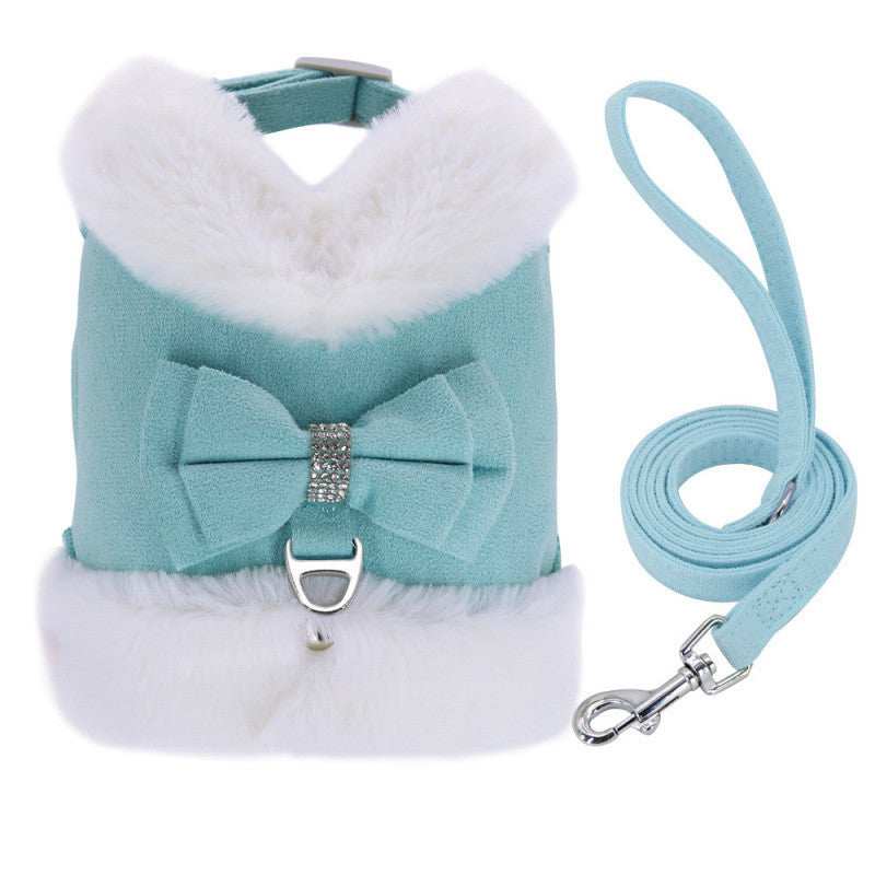 Warm Fur Collar Soft Padded Small Girl Pet Harness and Leash Set with Bow Tie