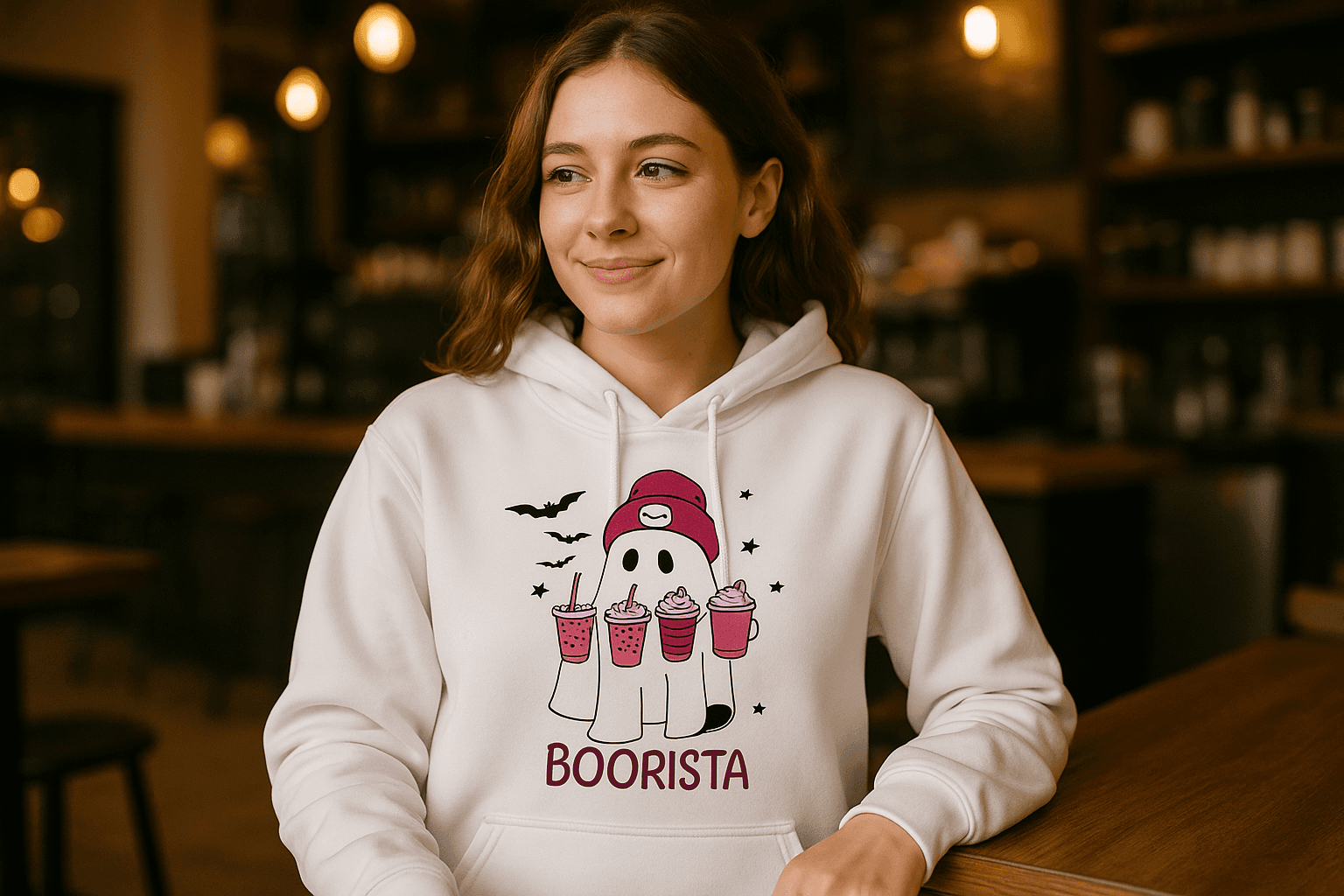 Cute Ghost Boorista Hoodie Sweatshirt - Coffee Halloween Style