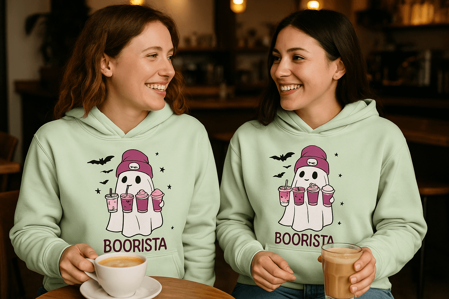 Cute Ghost Boorista Hoodie Sweatshirt - Coffee Halloween Style