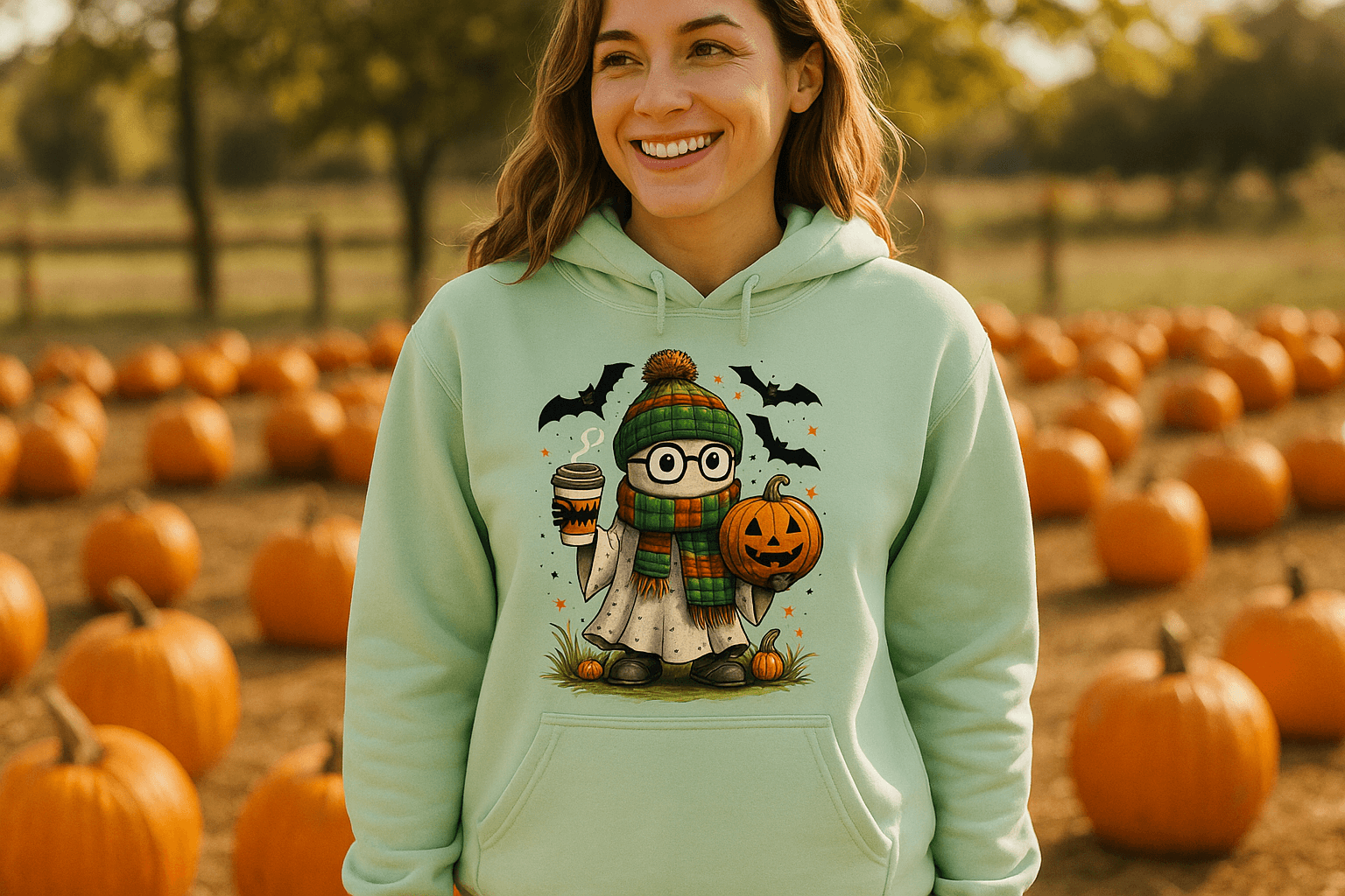 Cute Ghost Coffee Pumpkin Scene Hoodie - Fall Halloween Style