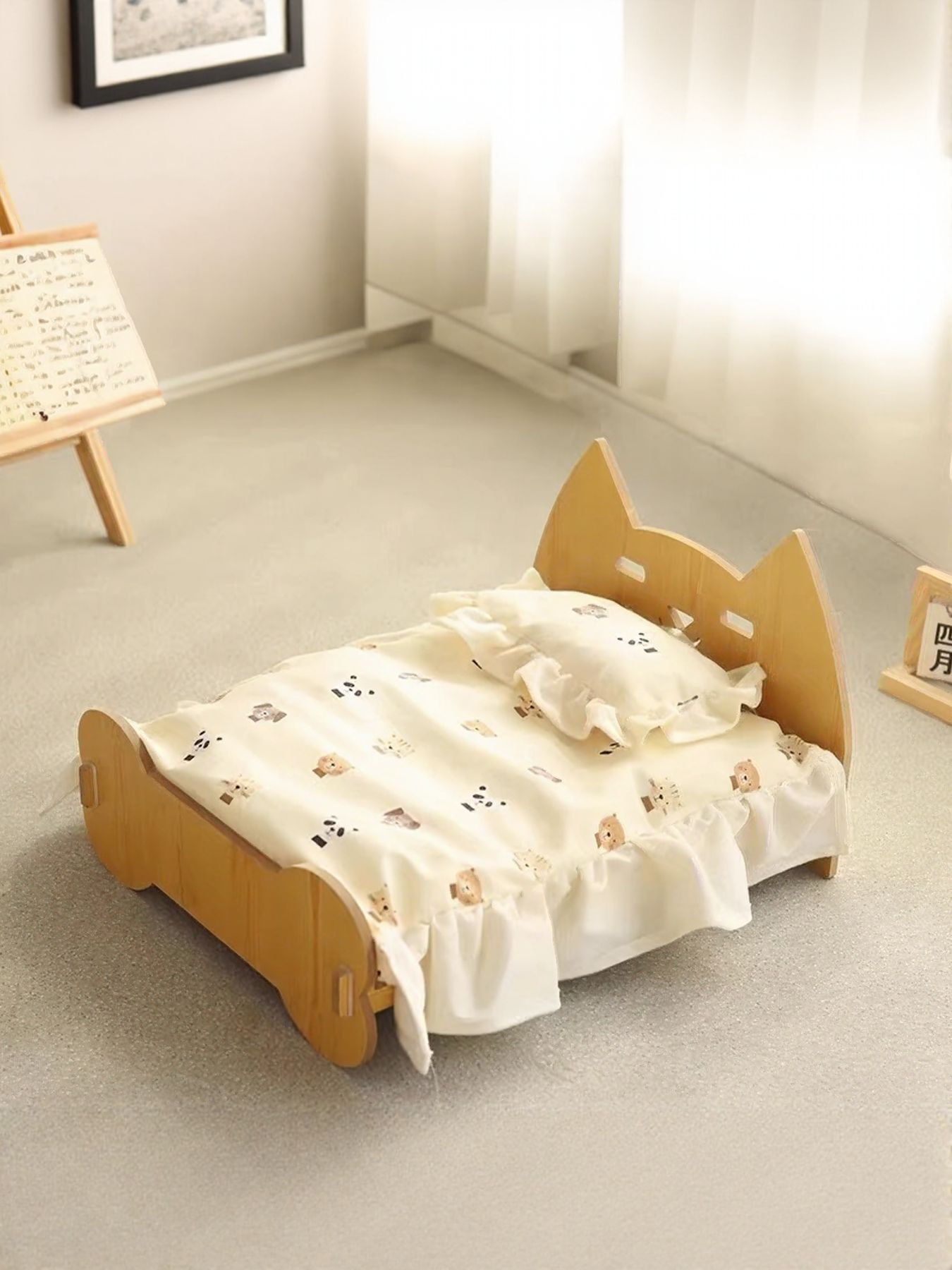 Wooden Pet Bed Frame - Miniature Bear Headboard with Bedding Set
