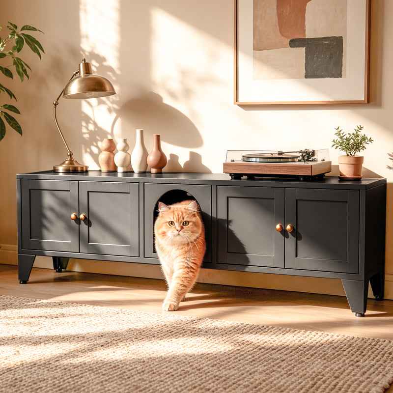 Cat Litter Box Enclosure - 58 Inch Hidden TV Stand Cabinet for 2 Cats