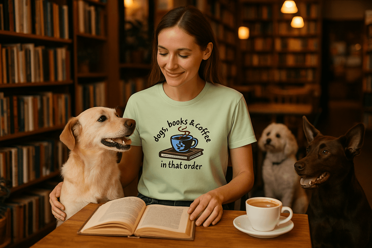 Dogs Books Coffee T-Shirt - Literary Pet Parent Lifestyle