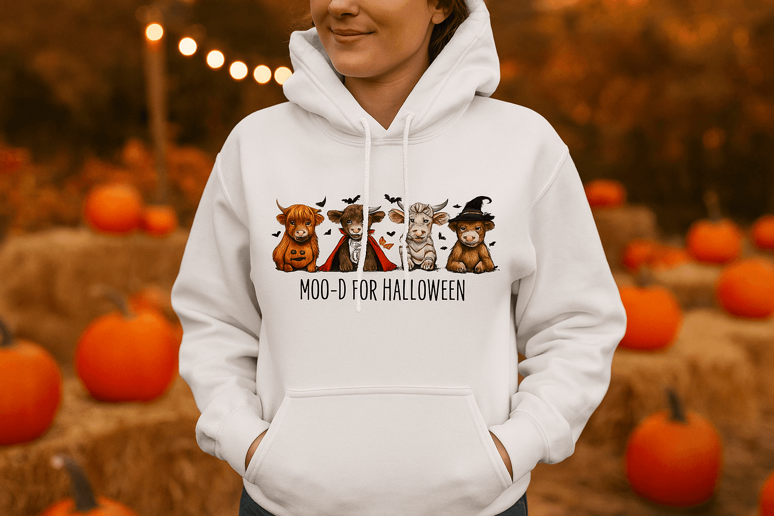 Moo-d Halloween Hoodie Sweatshirt - Highland Cow Print