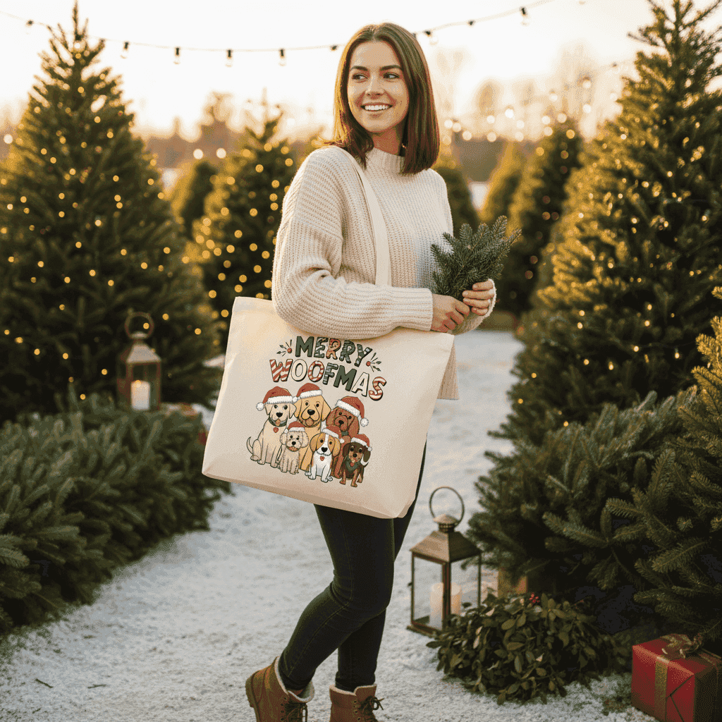 Merry Woofmas Holiday Tote with Festive Dogs - Canvas Gift Bag