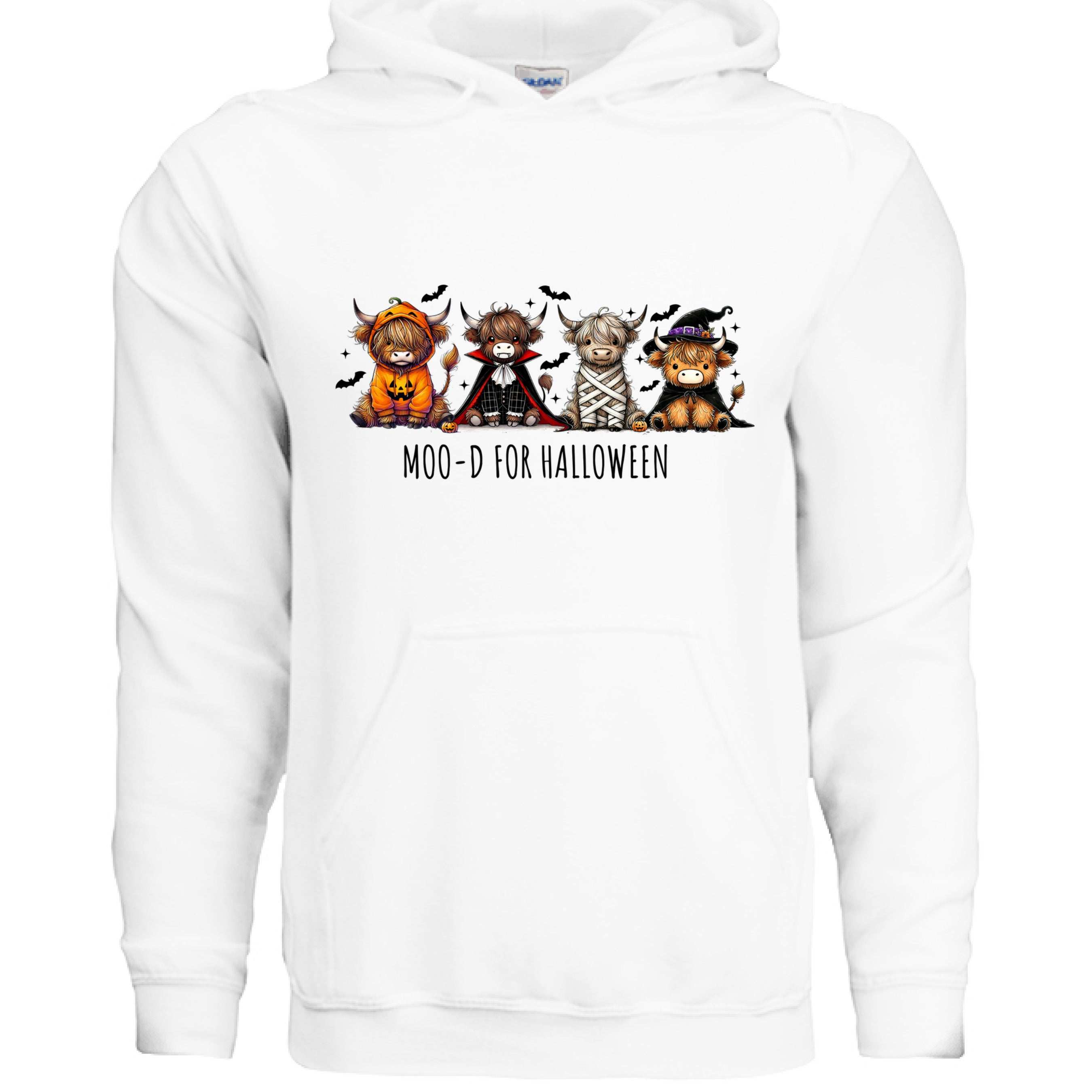 Moo-d Halloween Hoodie Sweatshirt - Highland Cow Print