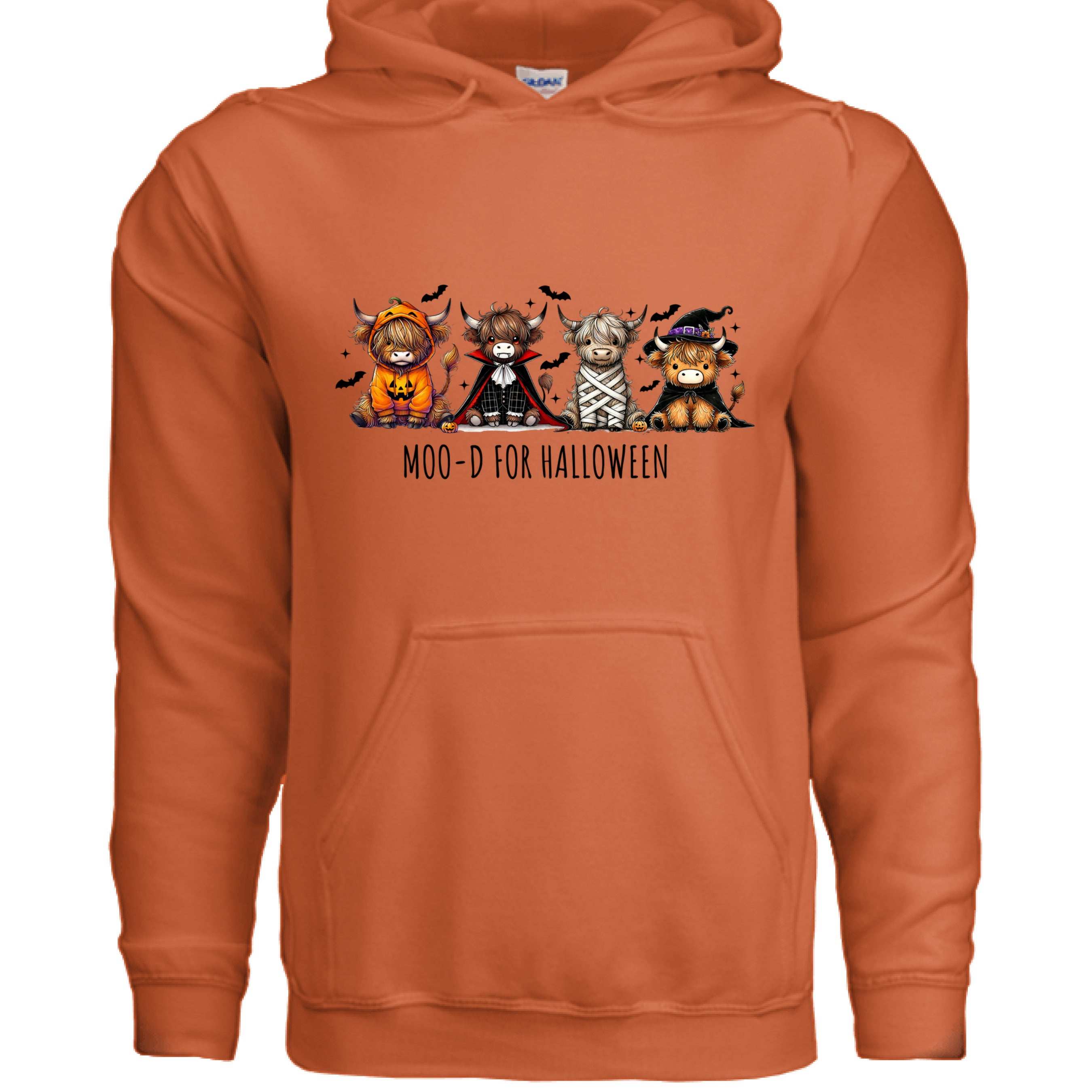 Moo-d Halloween Hoodie Sweatshirt - Highland Cow Print