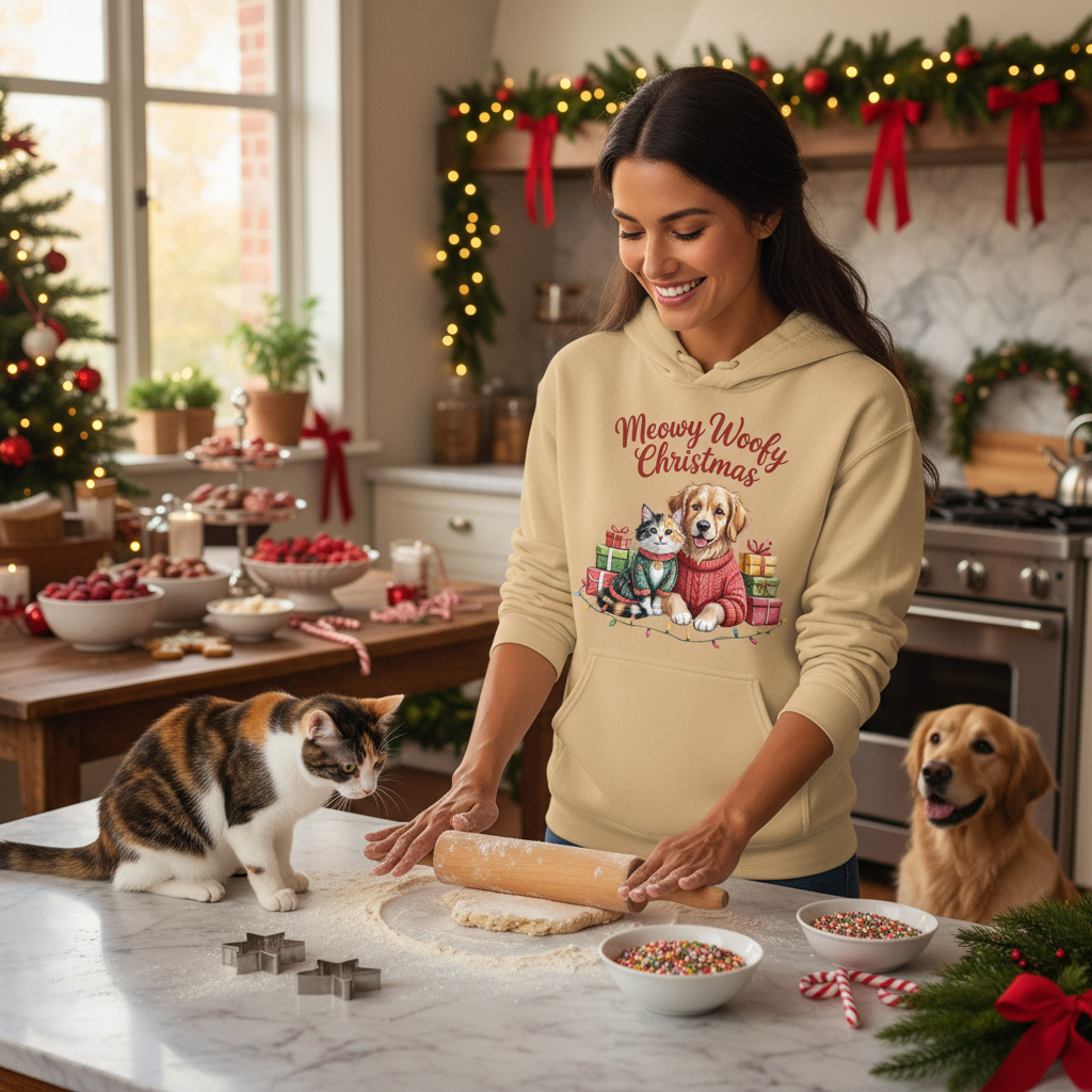 Meowy Woofy Christmas Hoodie - Cat & Dog Holiday Sweatshirt