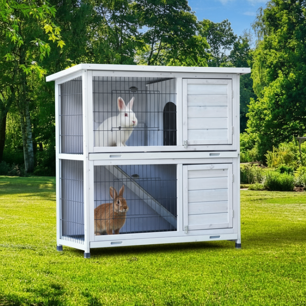 2-Story Rabbit Hutch - White with Removable Trays & Run