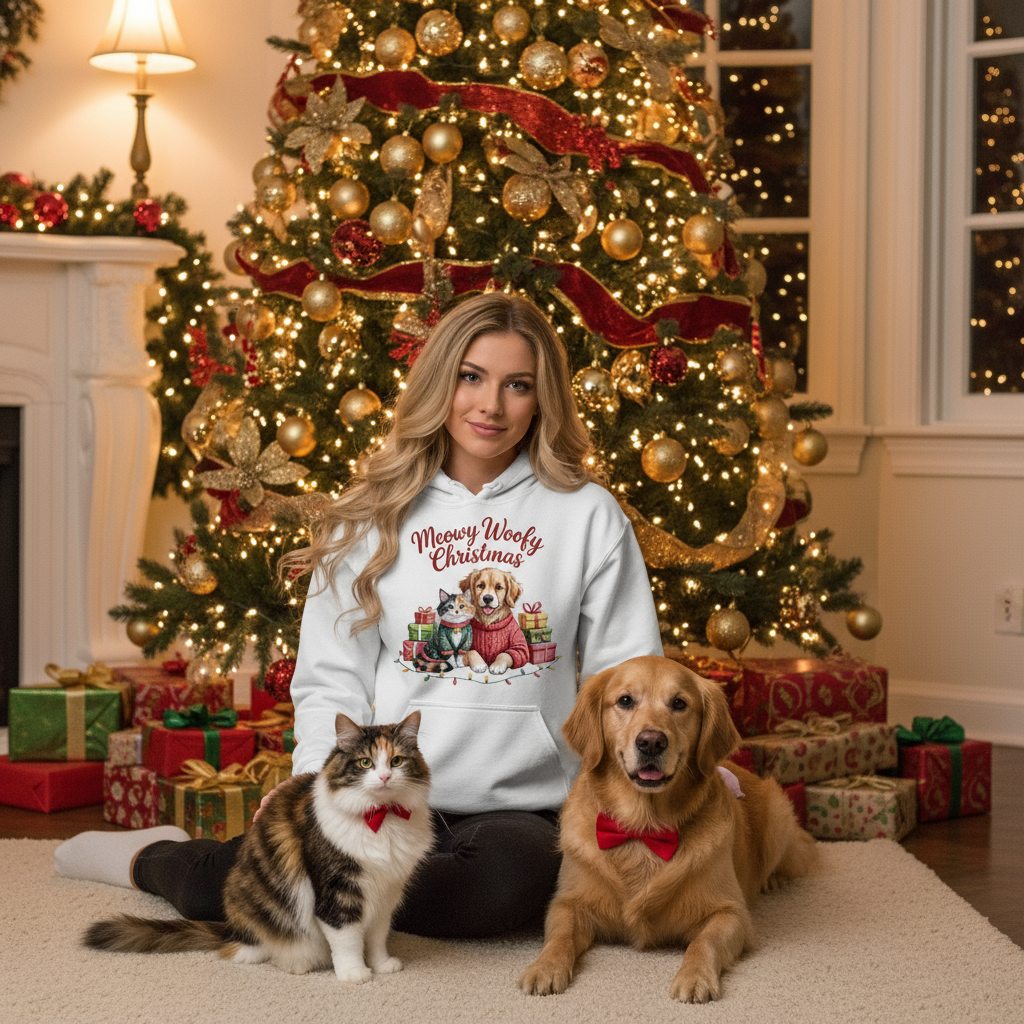 Meowy Woofy Christmas Hoodie - Cat & Dog Holiday Sweatshirt