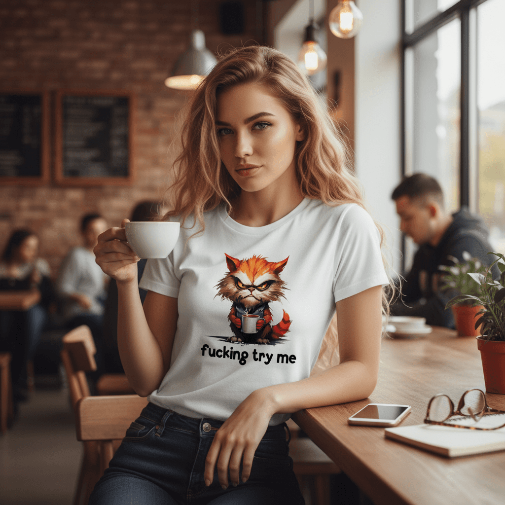 Try Me Cat Coffee Tee - Funny Sarcastic T-Shirt