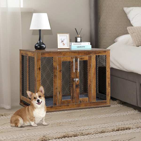 Wooden Indoor Dog Crate Furniture with Mesh Panels