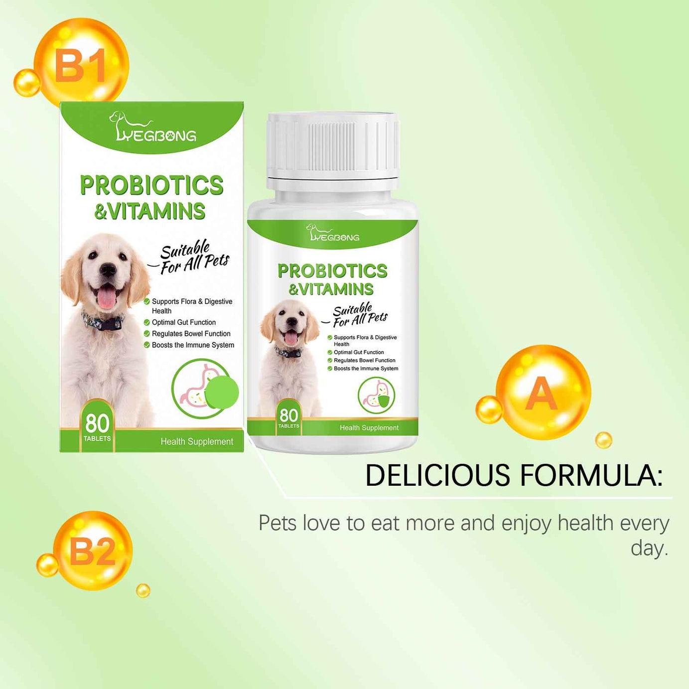 Pet Probiotic Vitamin Tablets 80 Count - Gut Health Dogs and Cats