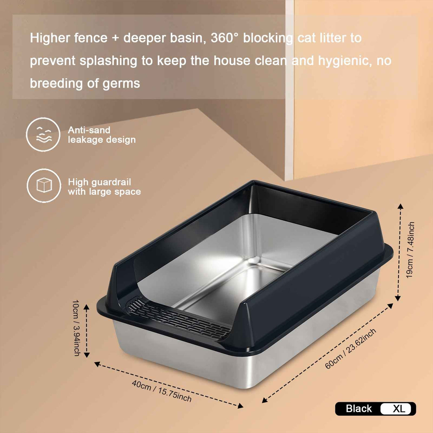 Cat Litter Box Oversized Stainless Steel - Semi-Enclosed Splash-Proof