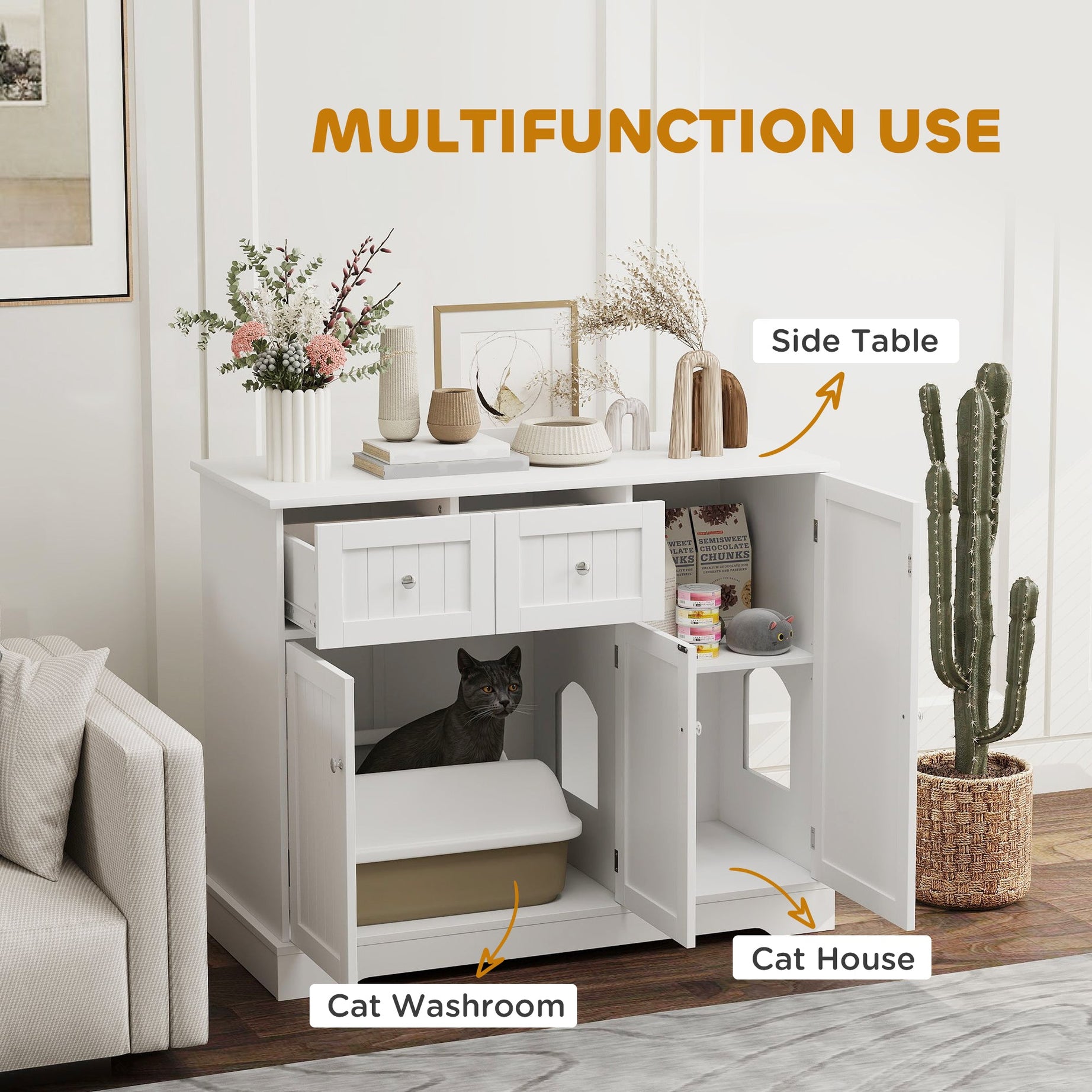 White Cat Litter Box Enclosure - Drawers and Storage