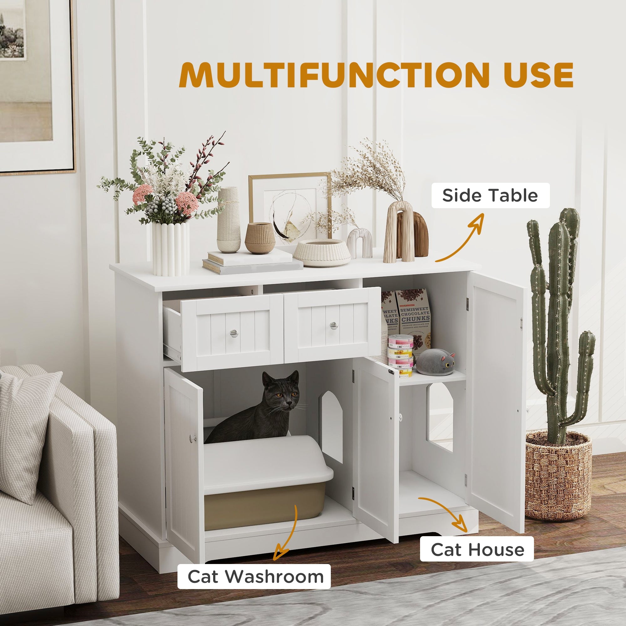 White Cat Litter Box Enclosure - Drawers and Storage