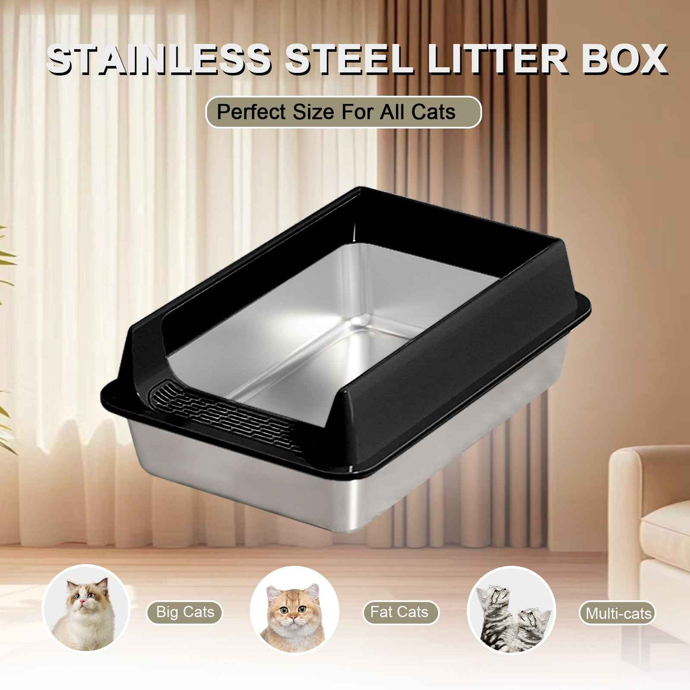 Cat Litter Box Oversized Stainless Steel - Semi-Enclosed Splash-Proof