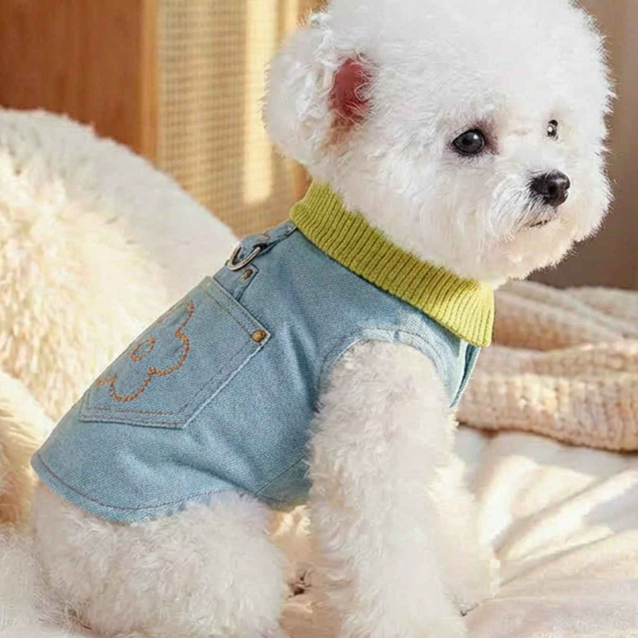 Dog Denim Flower Vest - Embroidered Pocket with Turtleneck Collar