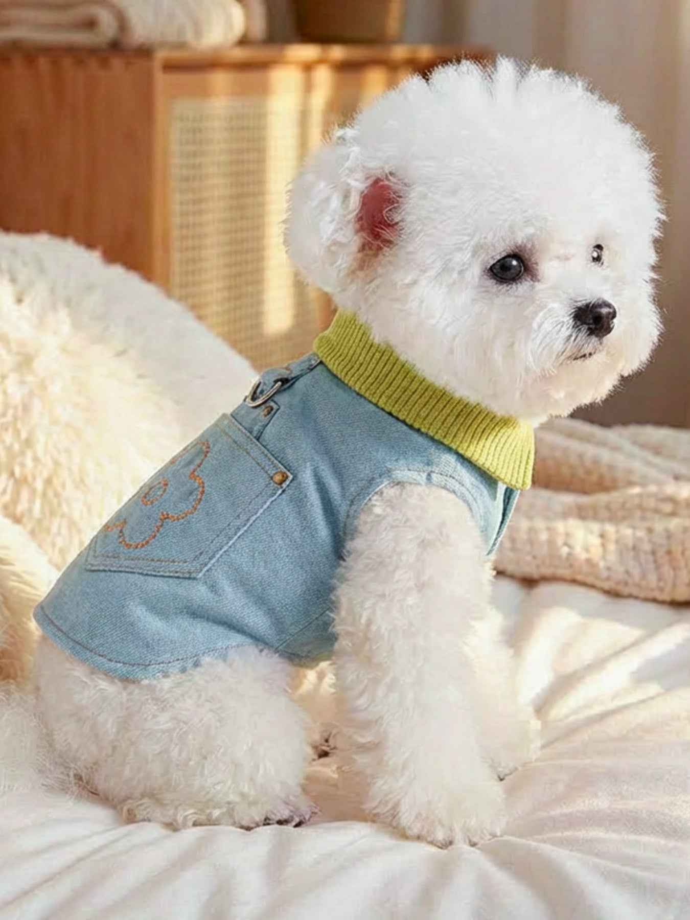 Dog Denim Flower Vest - Embroidered Pocket with Turtleneck Collar