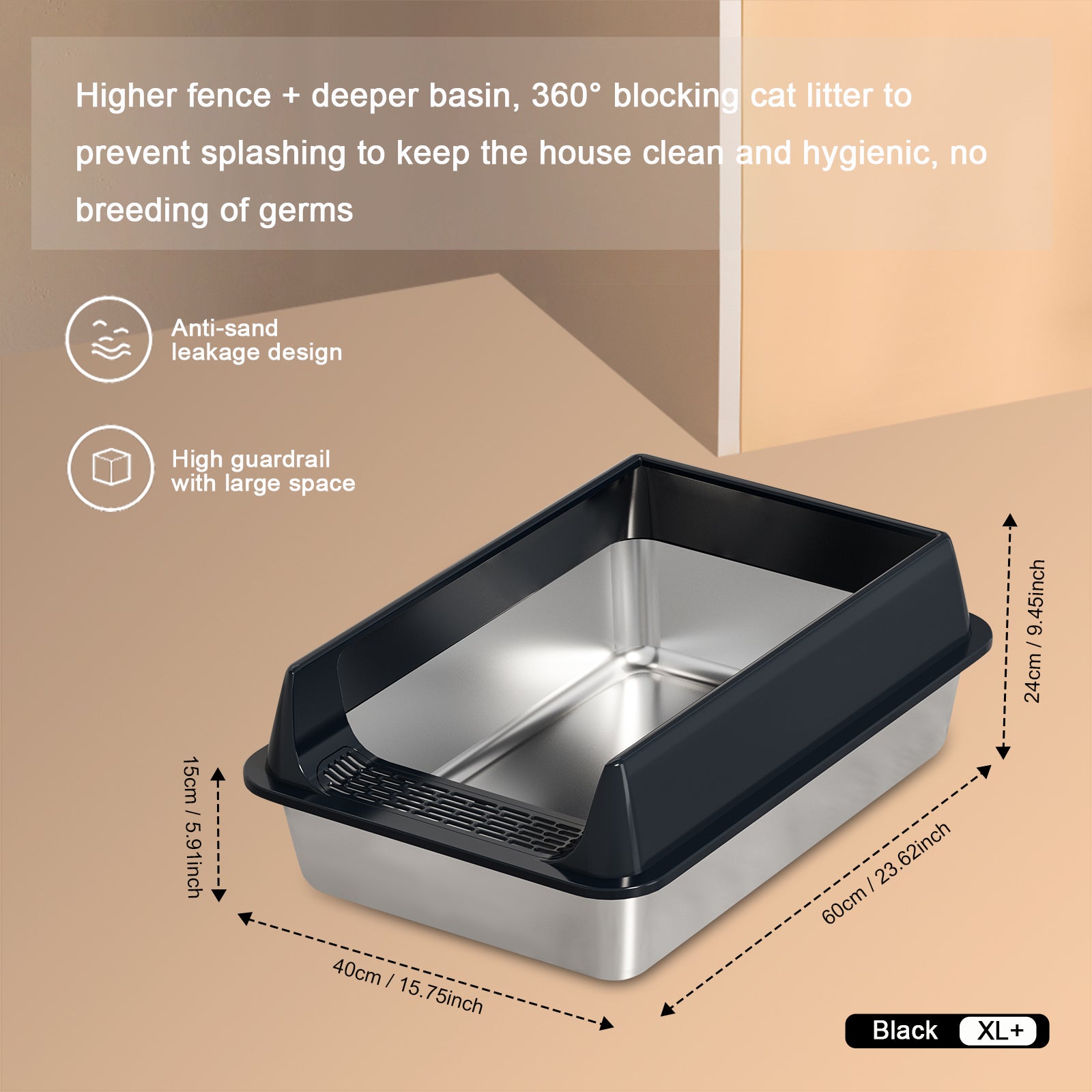 Cat Litter Box Oversized Stainless Steel - Semi-Enclosed Splash-Proof