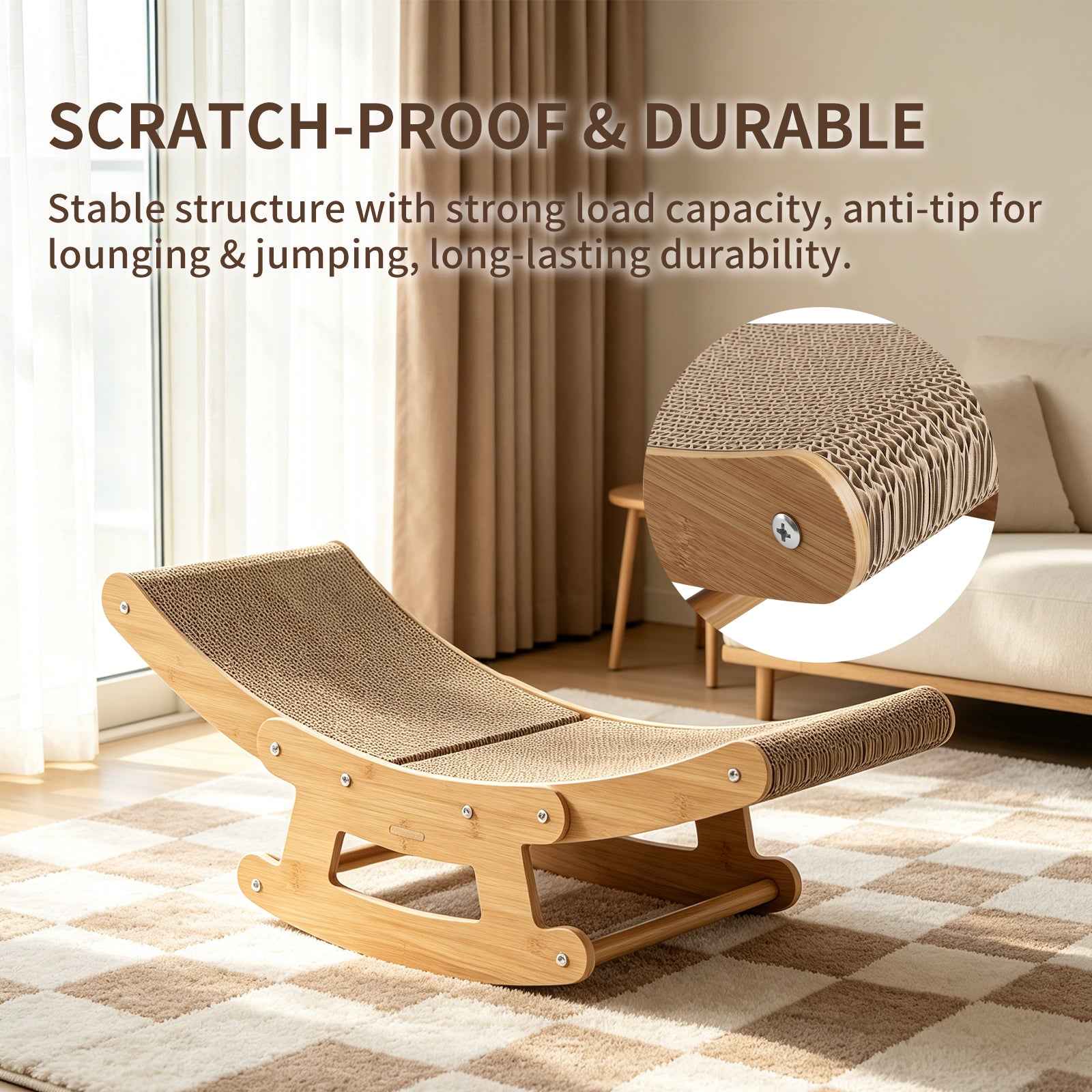 Cat Rocking Scratcher Lounge - 2-in-1 Bamboo Corrugated Cardboard Bed