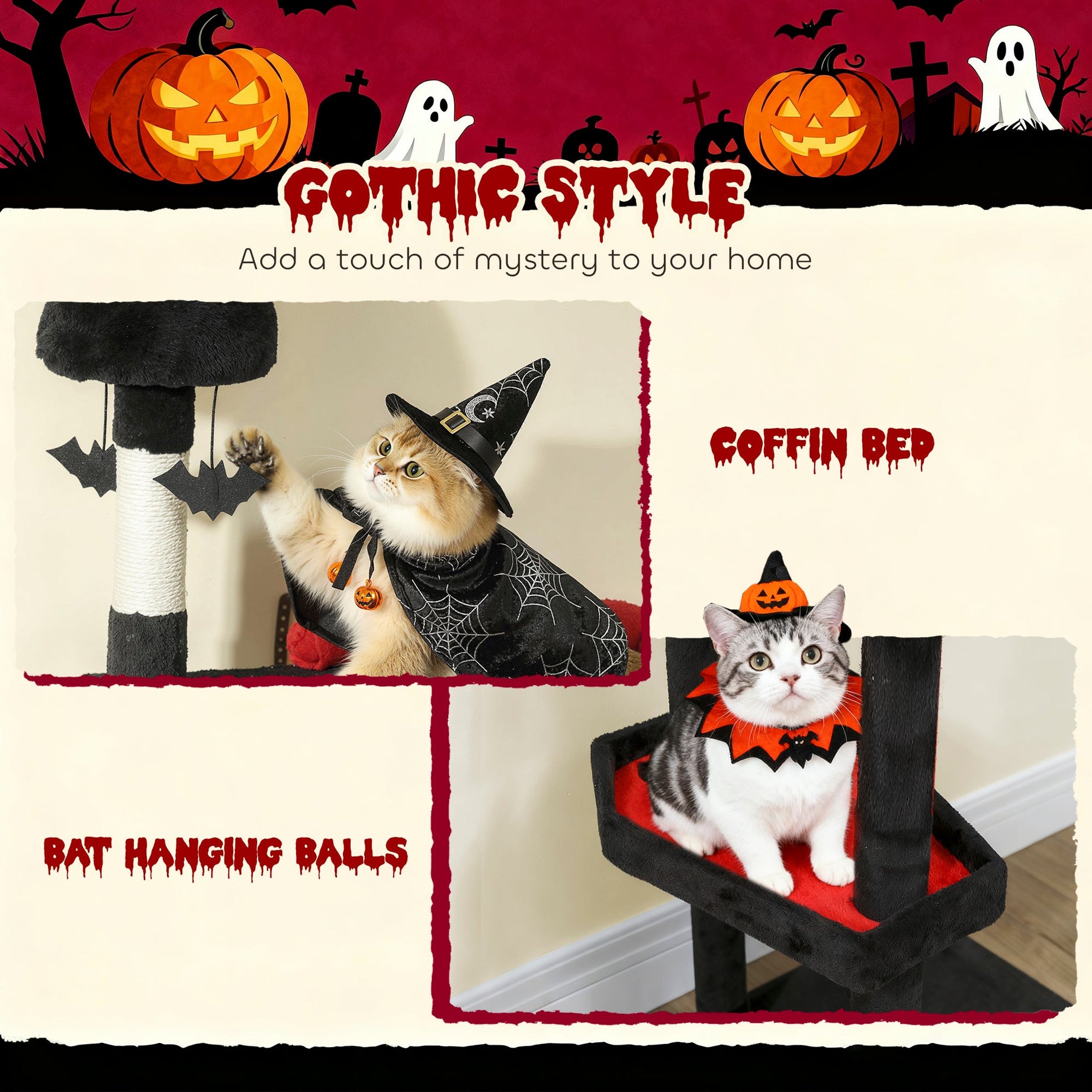 Gothic Cat Tree 78" - Castle Tower with Coffin Bed & Condos
