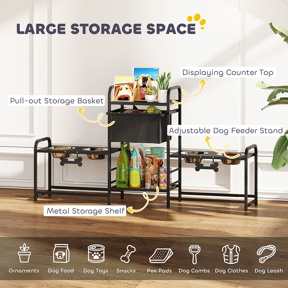Dog Bowl Stand Dual Station - 4 Bowls 3 Heights Storage Bin