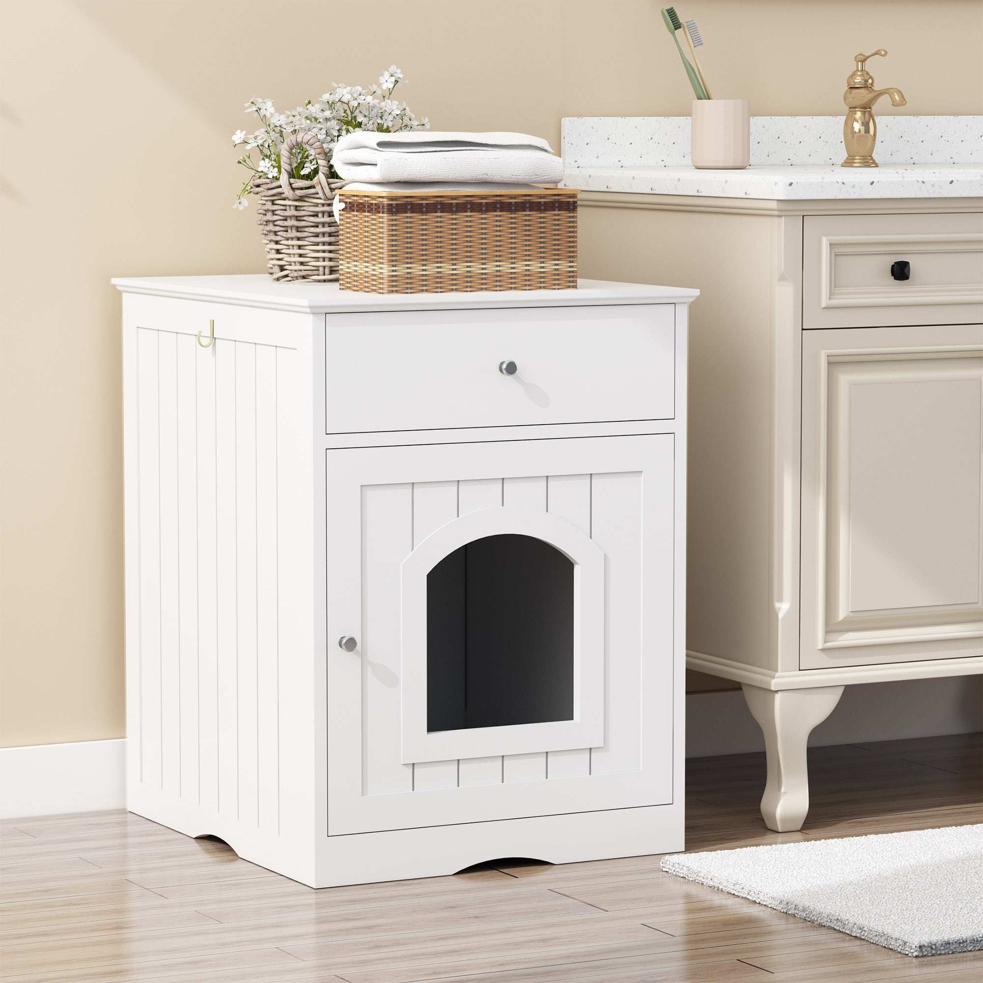 Wooden Pet House Litter Box Fence With Drawers
