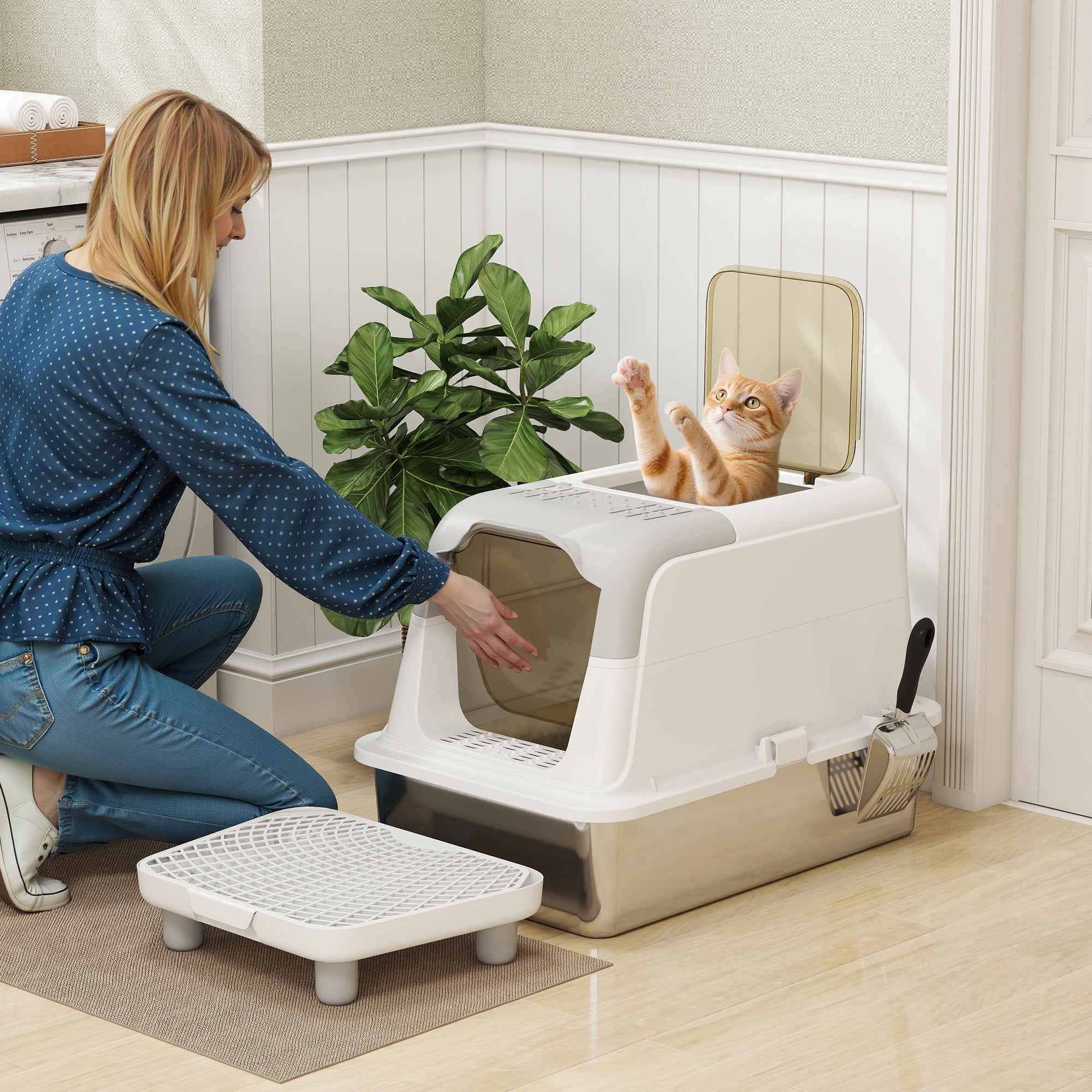 Cat Litter Box Enclosed XL Stainless Steel - Front Entry Top Exit Deodorizer