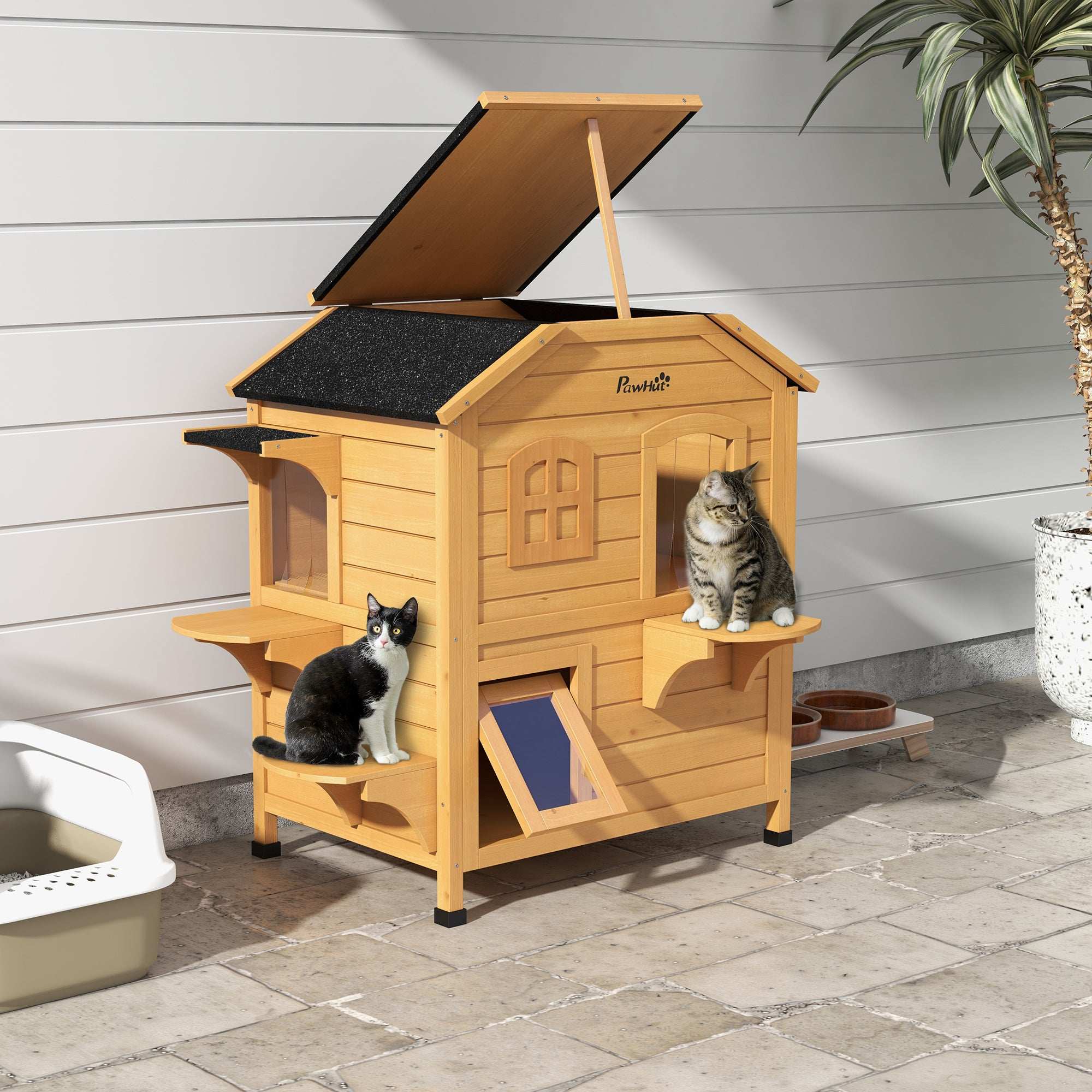 2-Story Wooden Outdoor Cat House - Feral Shelter with Escape Door