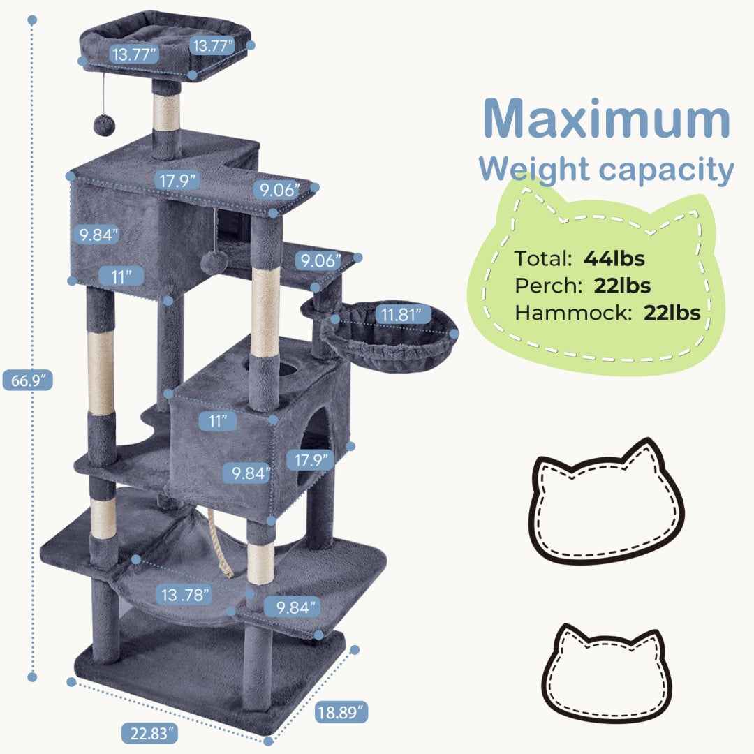66-Inch Cat Tree Tower - Multi-Level with 2 Condos & Hammock