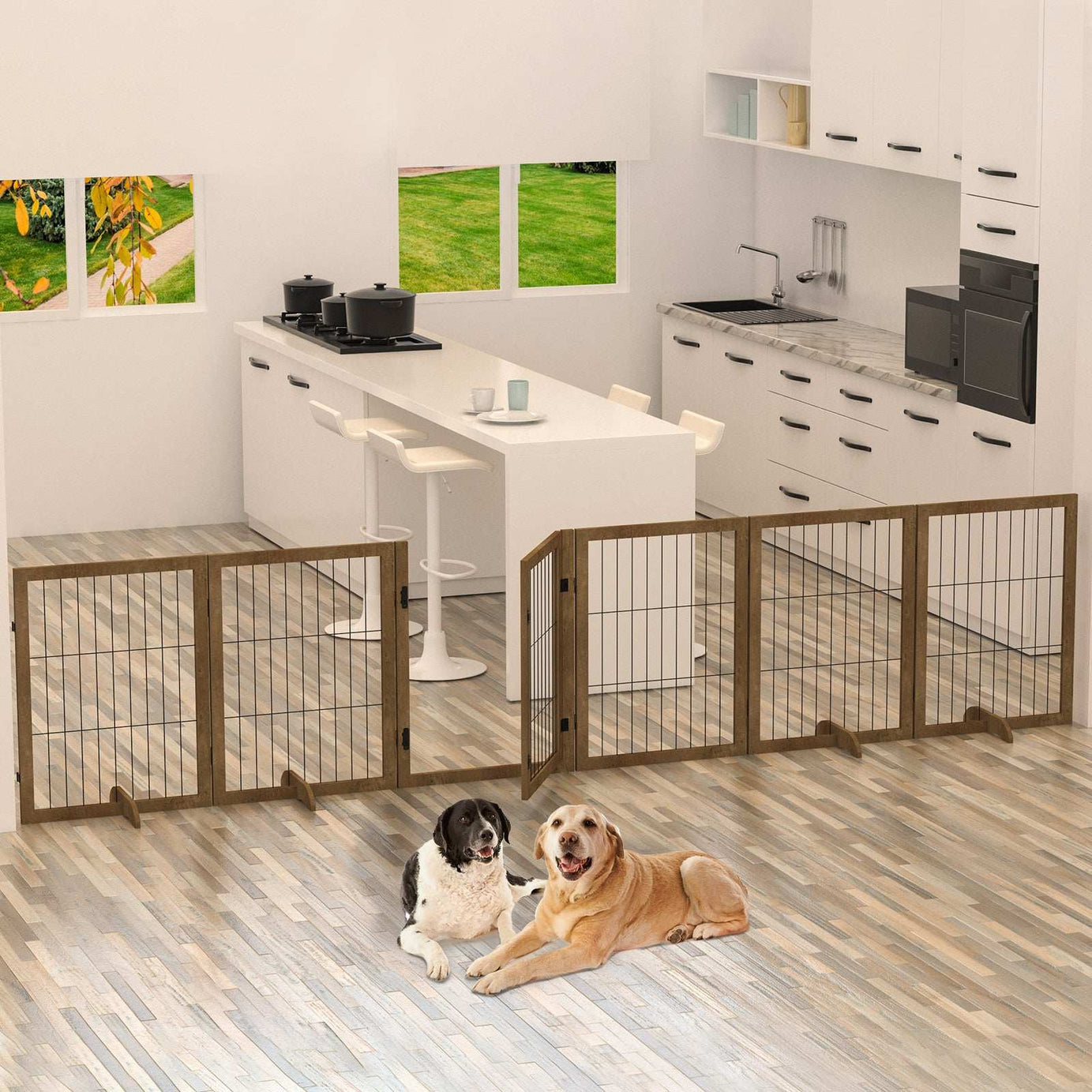 Dog Gate with Door - 6 Panel Pet Fence Barrier 144 Inch
