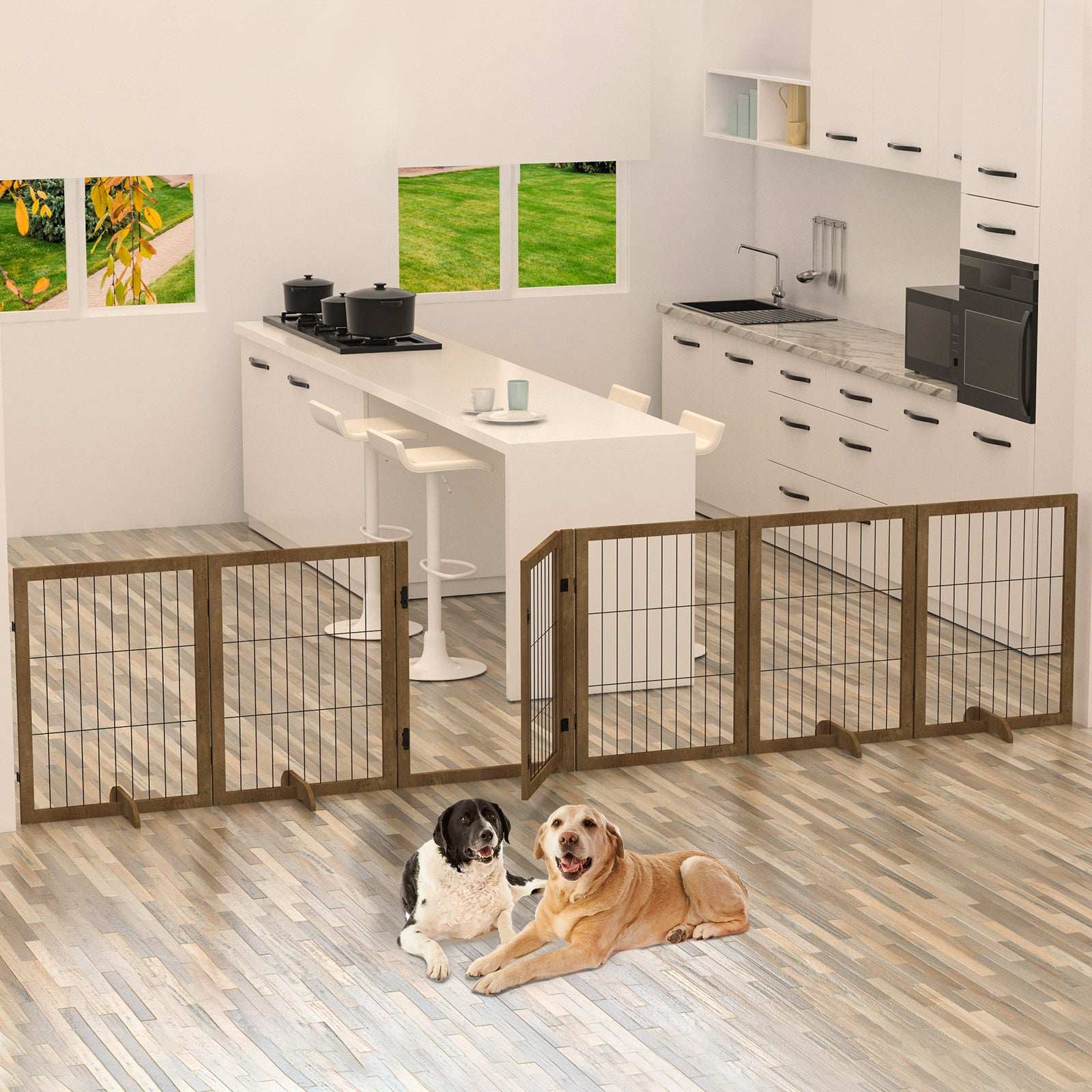 Dog Gate with Door - 6 Panel Pet Fence Barrier 144 Inch