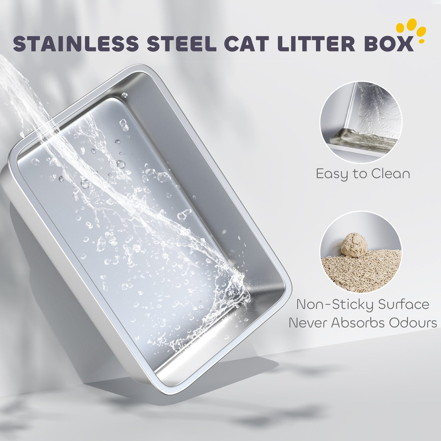 Cat Litter Box XL Stainless Steel - Anti-Leak High Walls Scoop and Pad