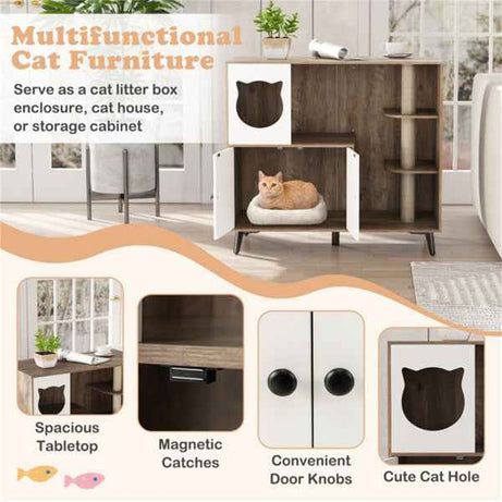 Cat Litter Box Enclosure Cabinet - 3-in-1 Scratching Post Condo Furniture
