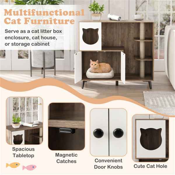 Cat Litter Box Enclosure Cabinet - 3-in-1 Scratching Post Condo Furniture
