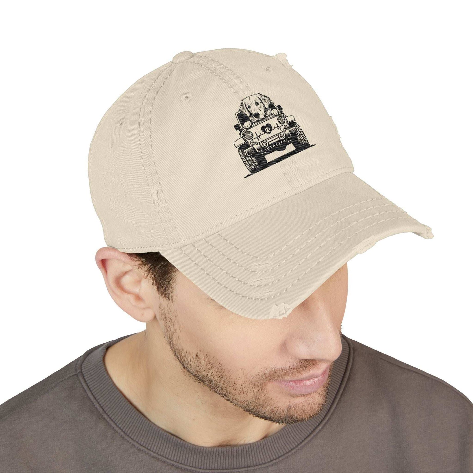 Embroidered Golden Retriever Jeep Hat - Vintage Distressed Cap