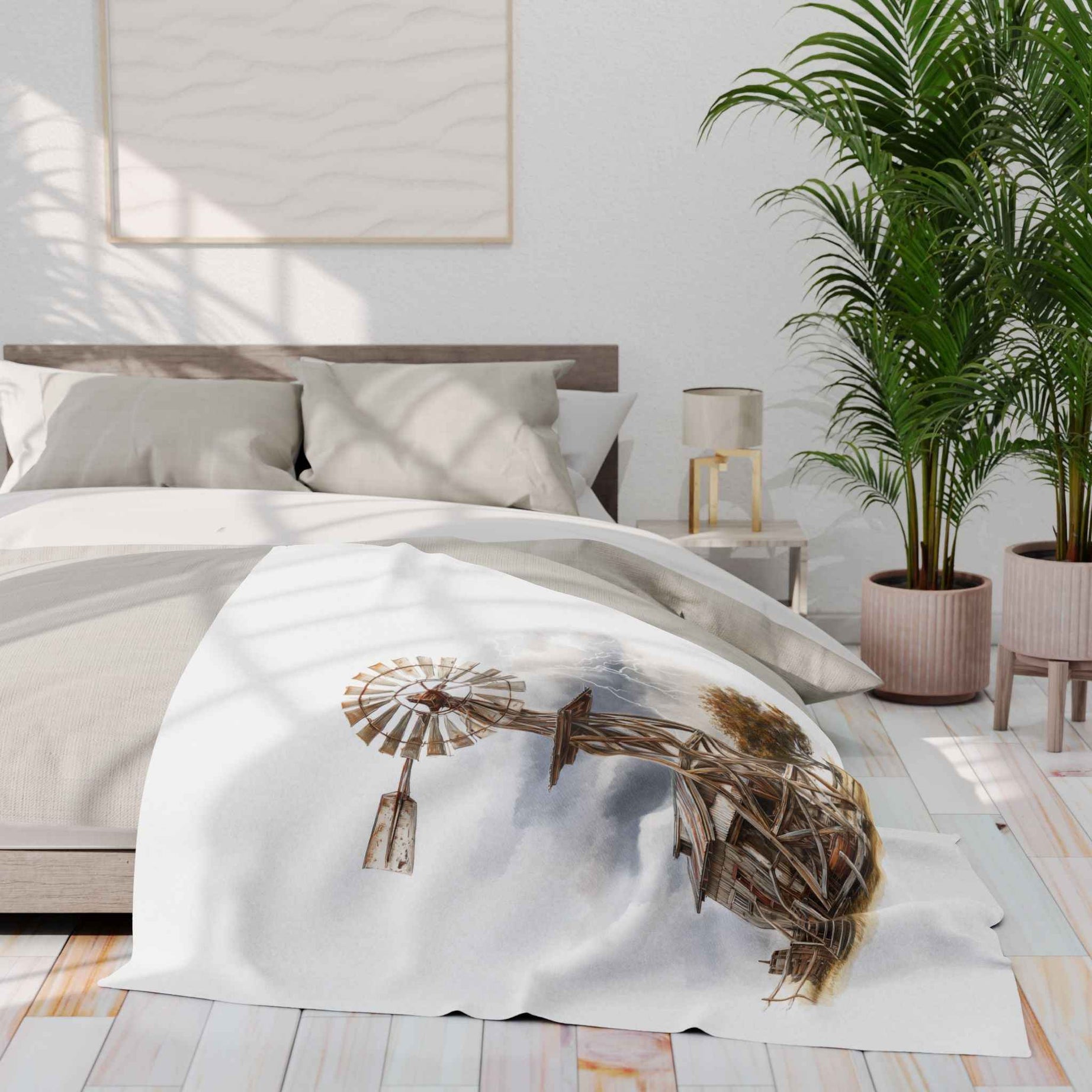 Windmill Farm Fleece Blanket — Rustic Windmill & Storm Sky Throw